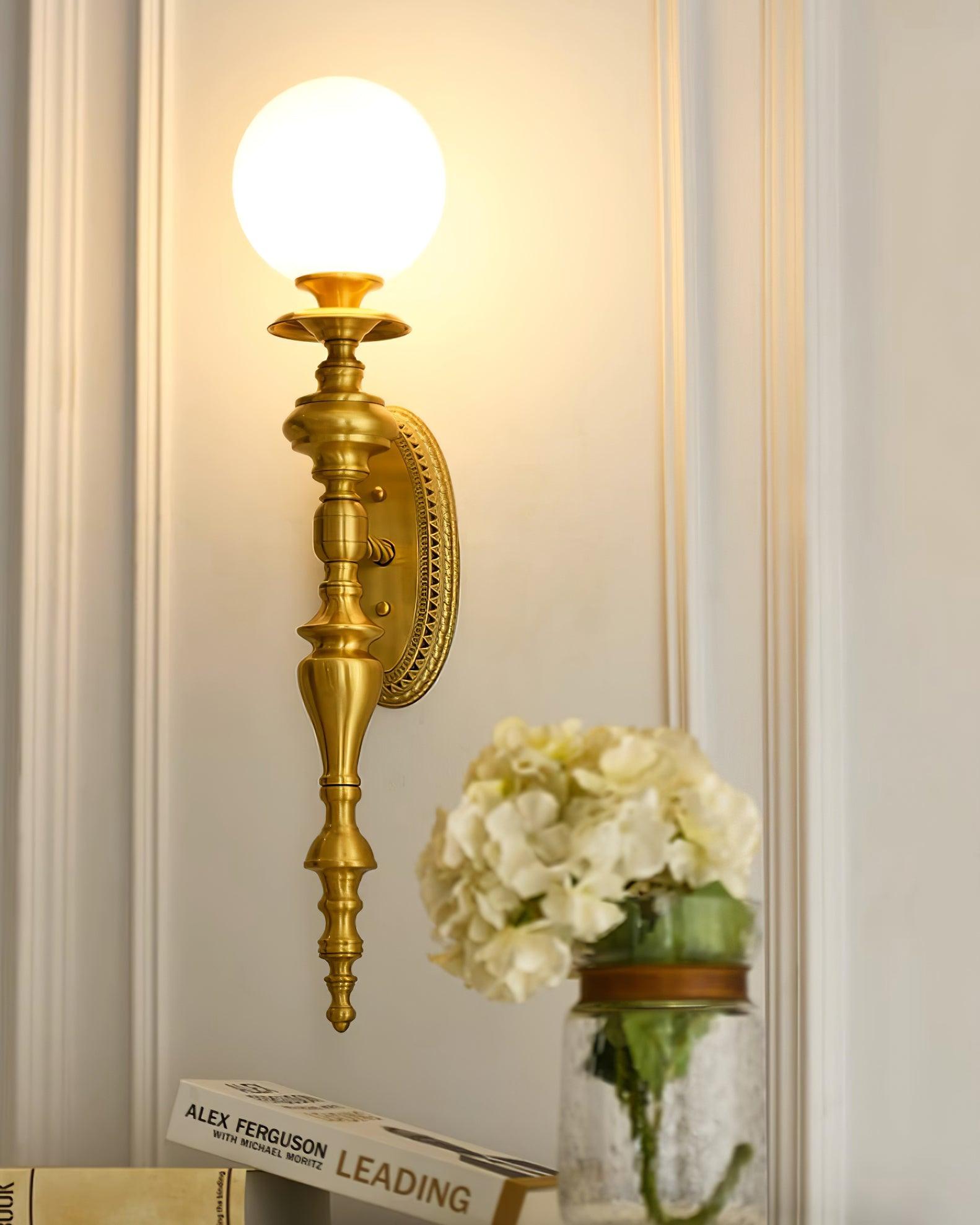 Wall Lamp Sculpted Brass Body Globe Shade Classic Elegant Statement