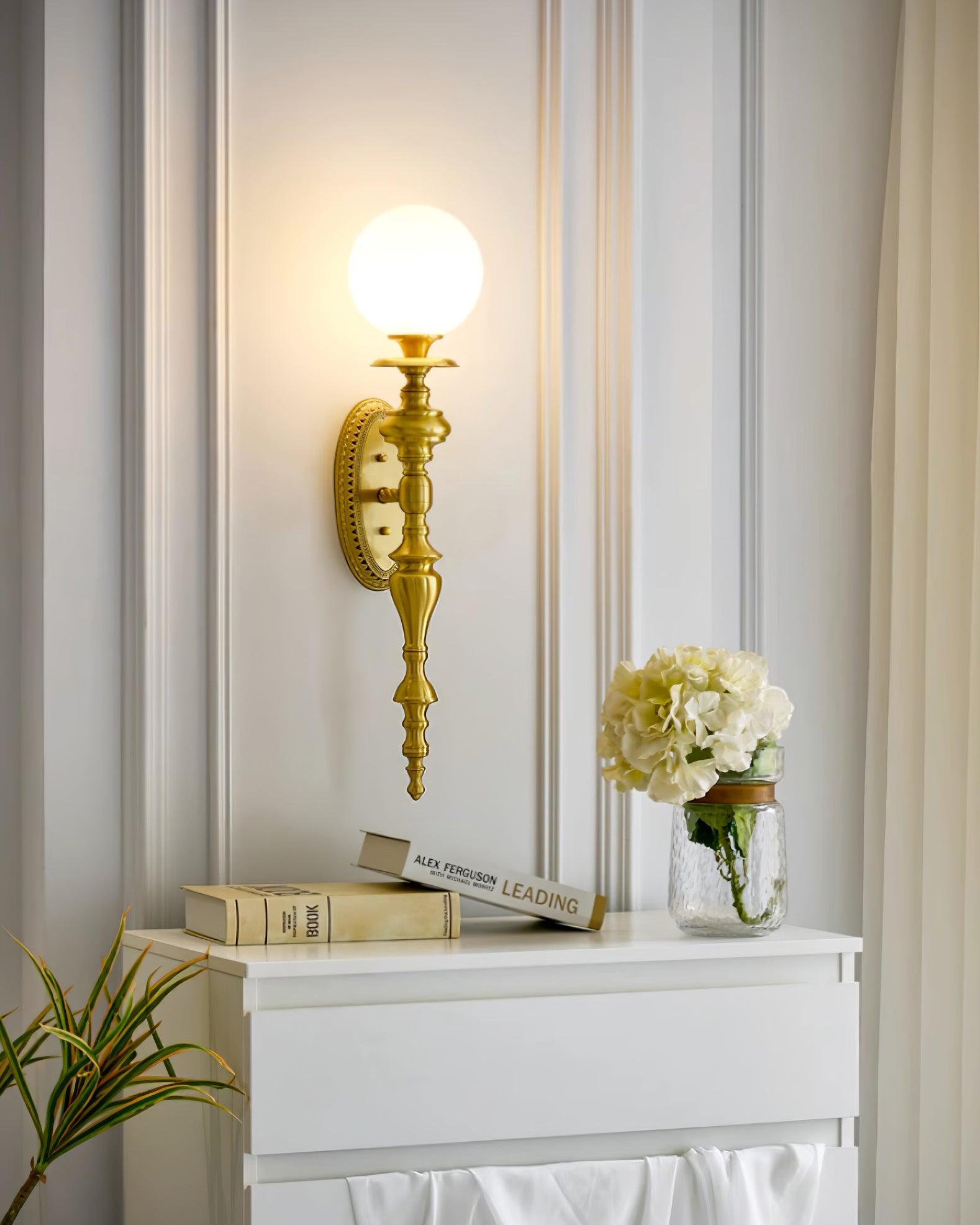 Wall Lamp Sculpted Brass Body Globe Shade Classic Elegant Statement