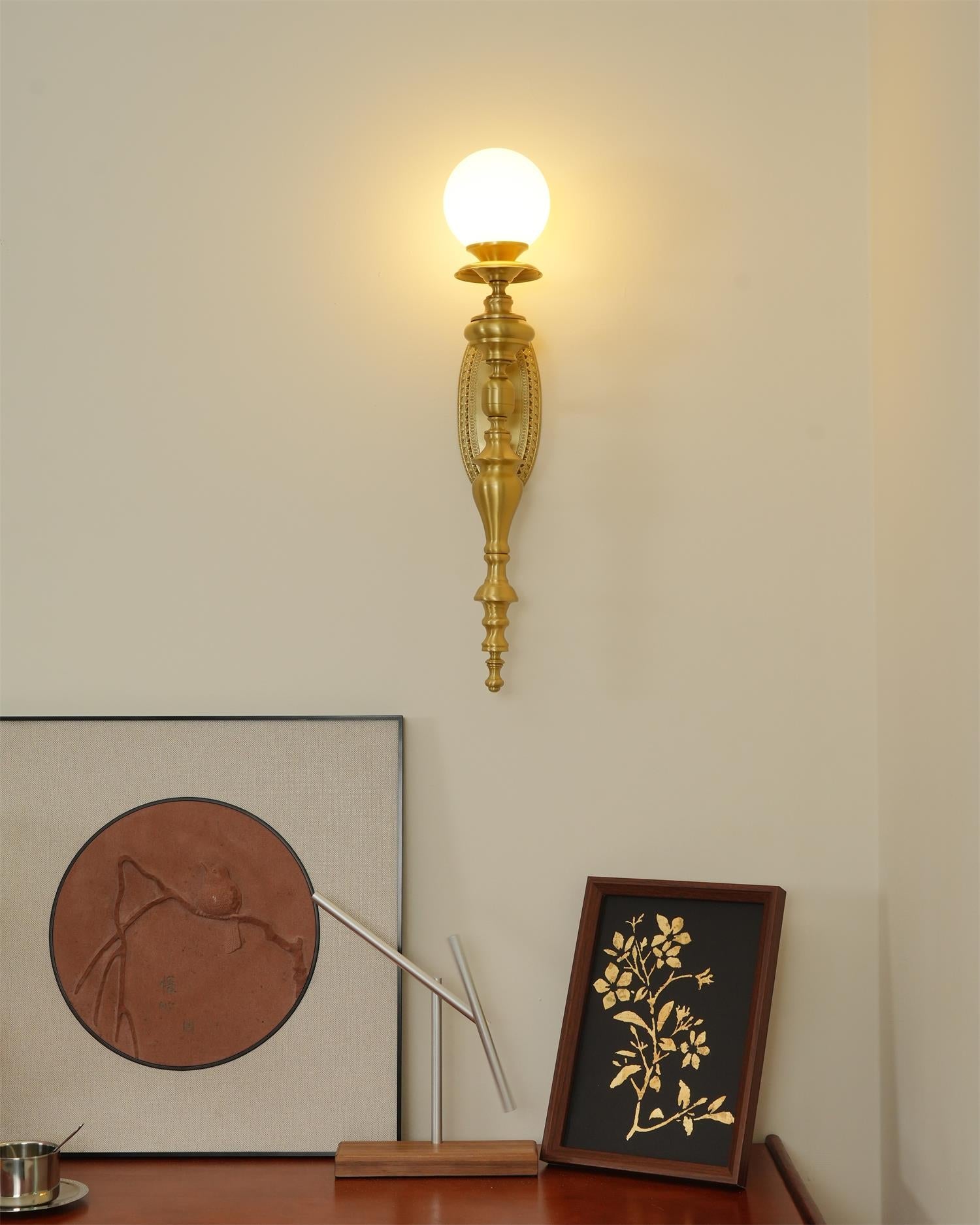 Wall Lamp Sculpted Brass Body Globe Shade Classic Elegant Statement