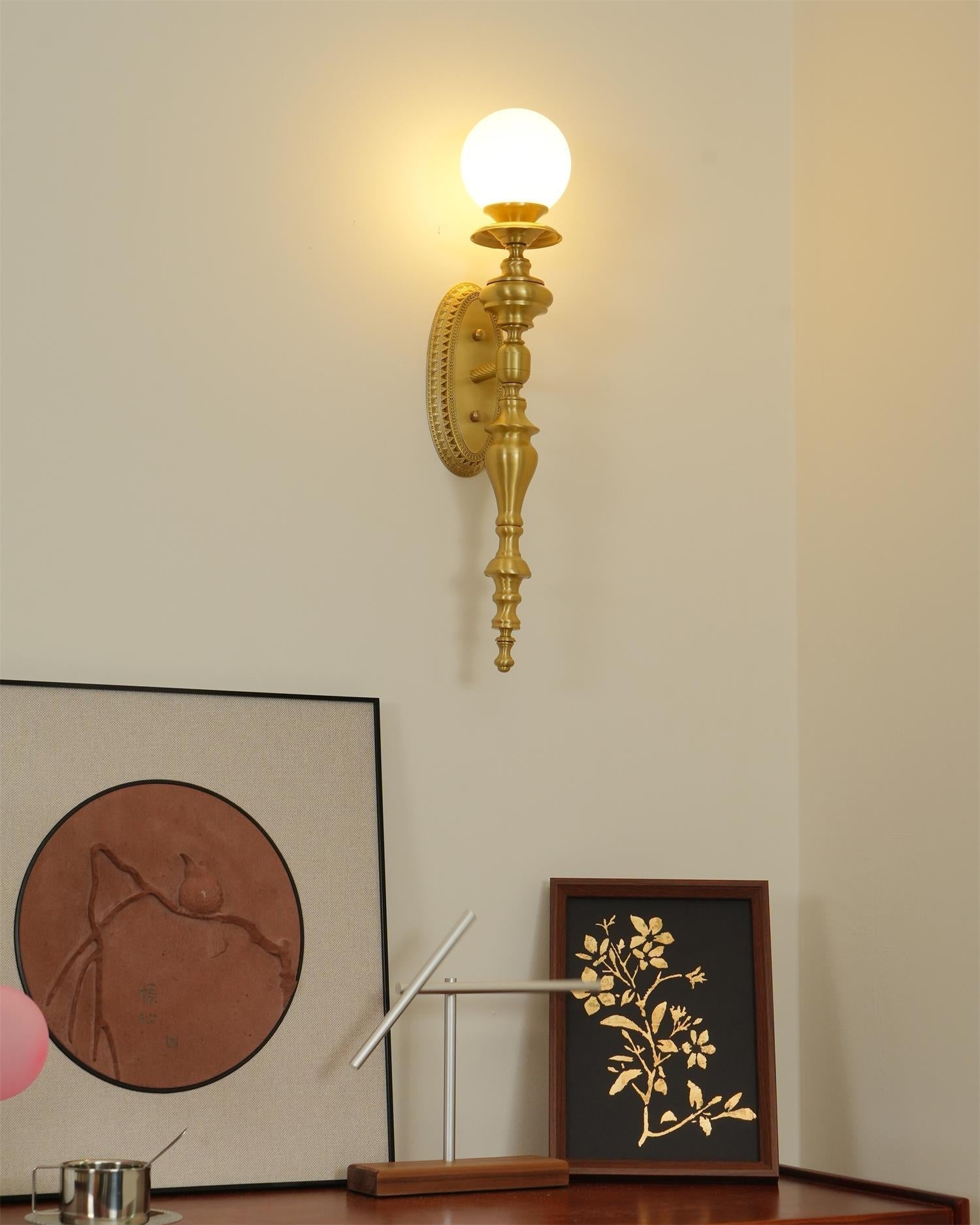 Wall Lamp Sculpted Brass Body Globe Shade Classic Elegant Statement