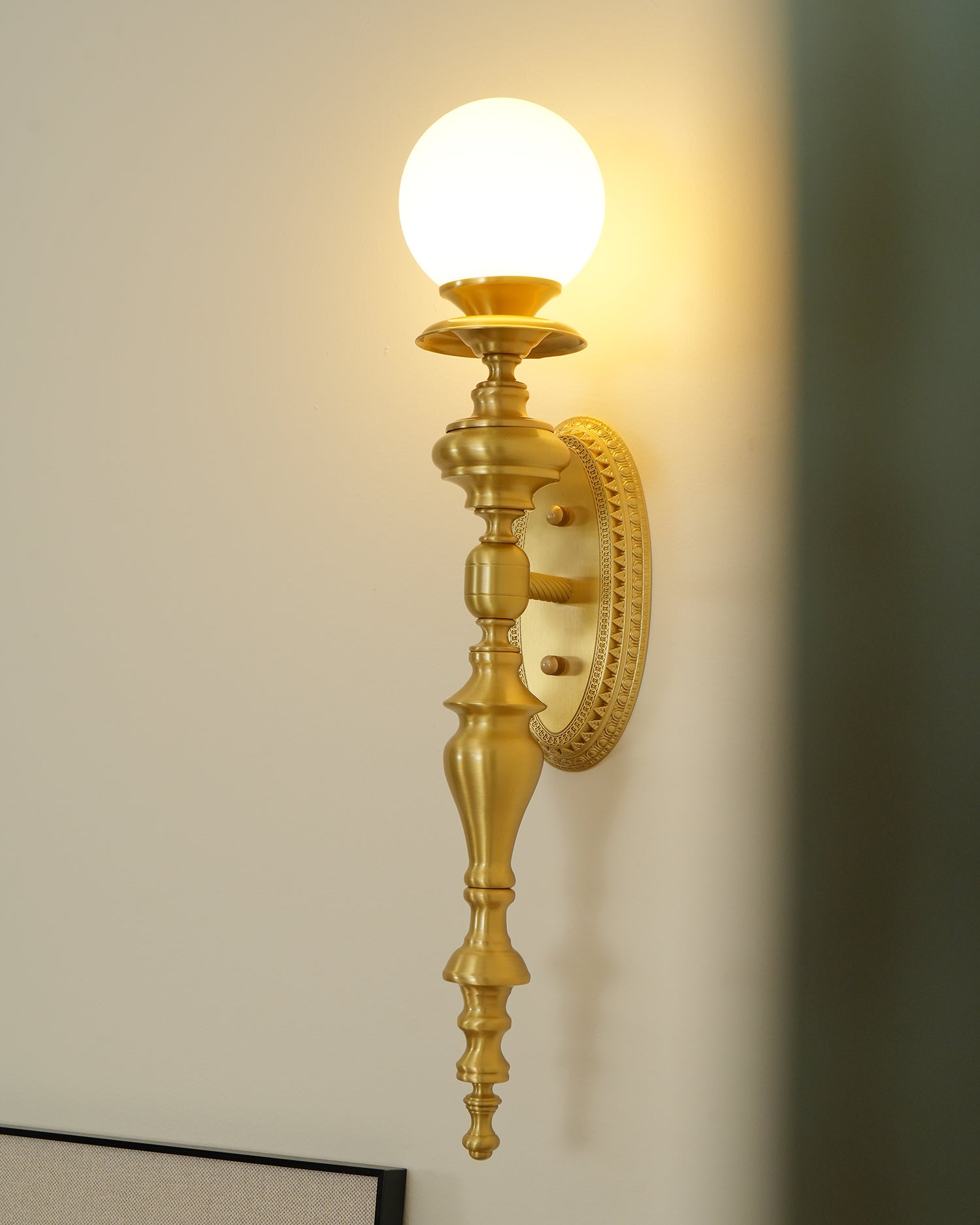 Wall Lamp Sculpted Brass Body Globe Shade Classic Elegant Statement