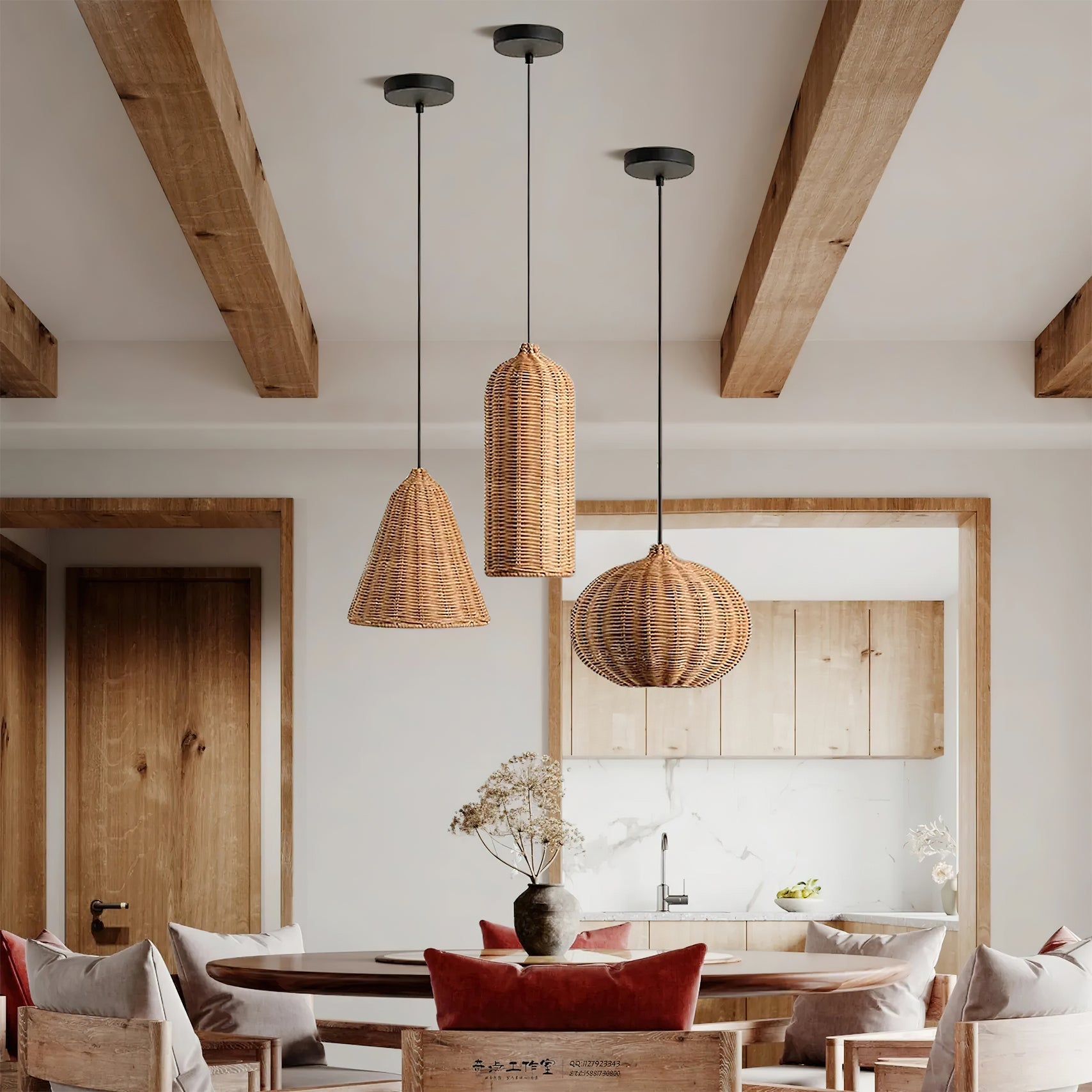Model A of the Beliani pendant light with a round rattan shade.