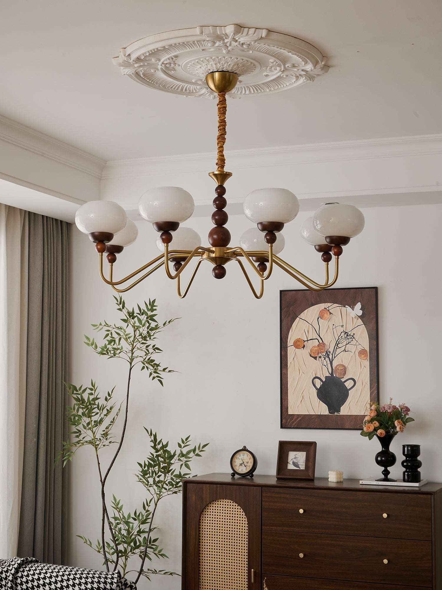Eamver Chandelier Glass Wood Brass Modern 6-Light-Neutral Decor