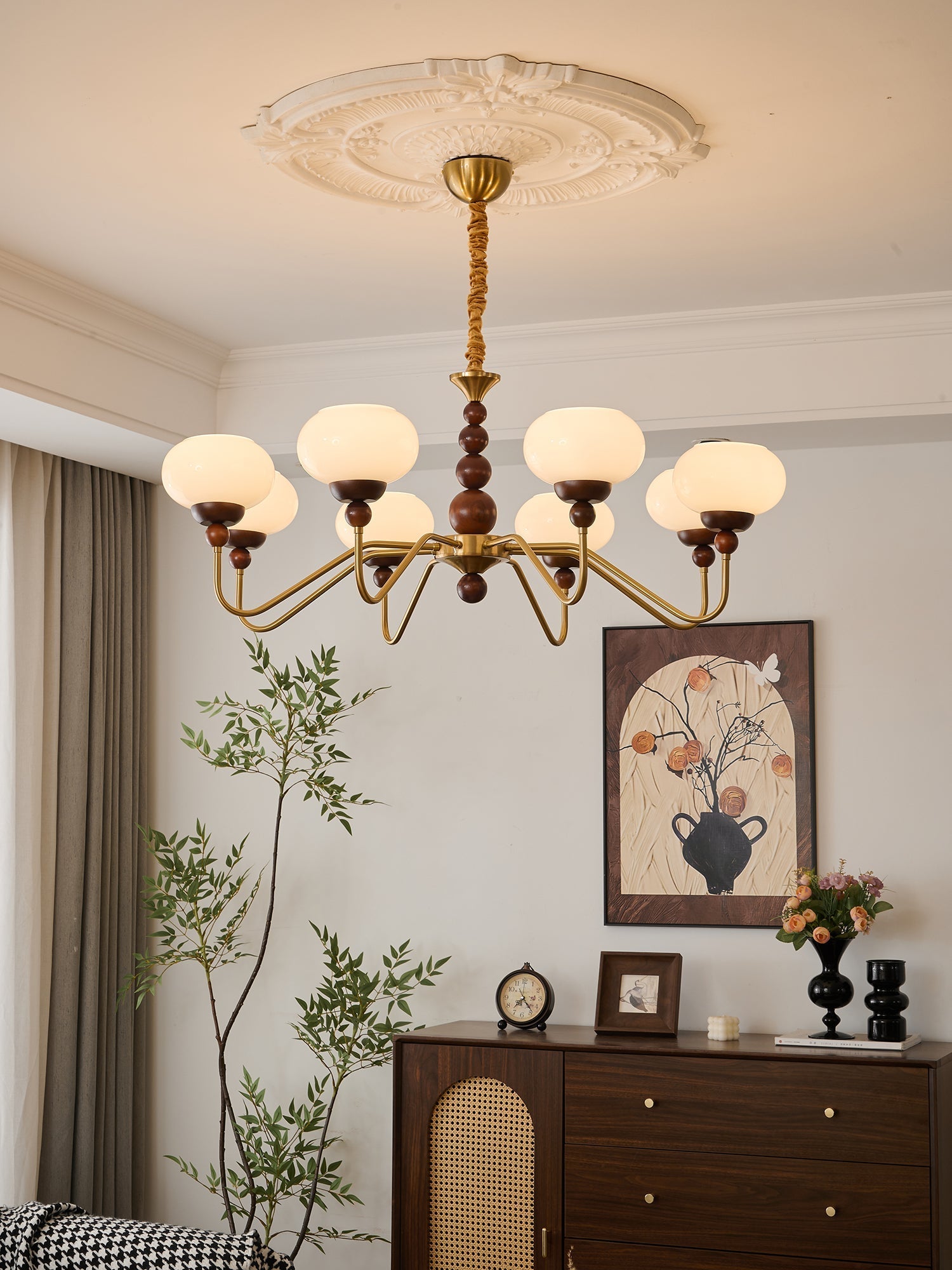 Eamver Chandelier Glass Wood Brass Modern 6-Light-Neutral Decor