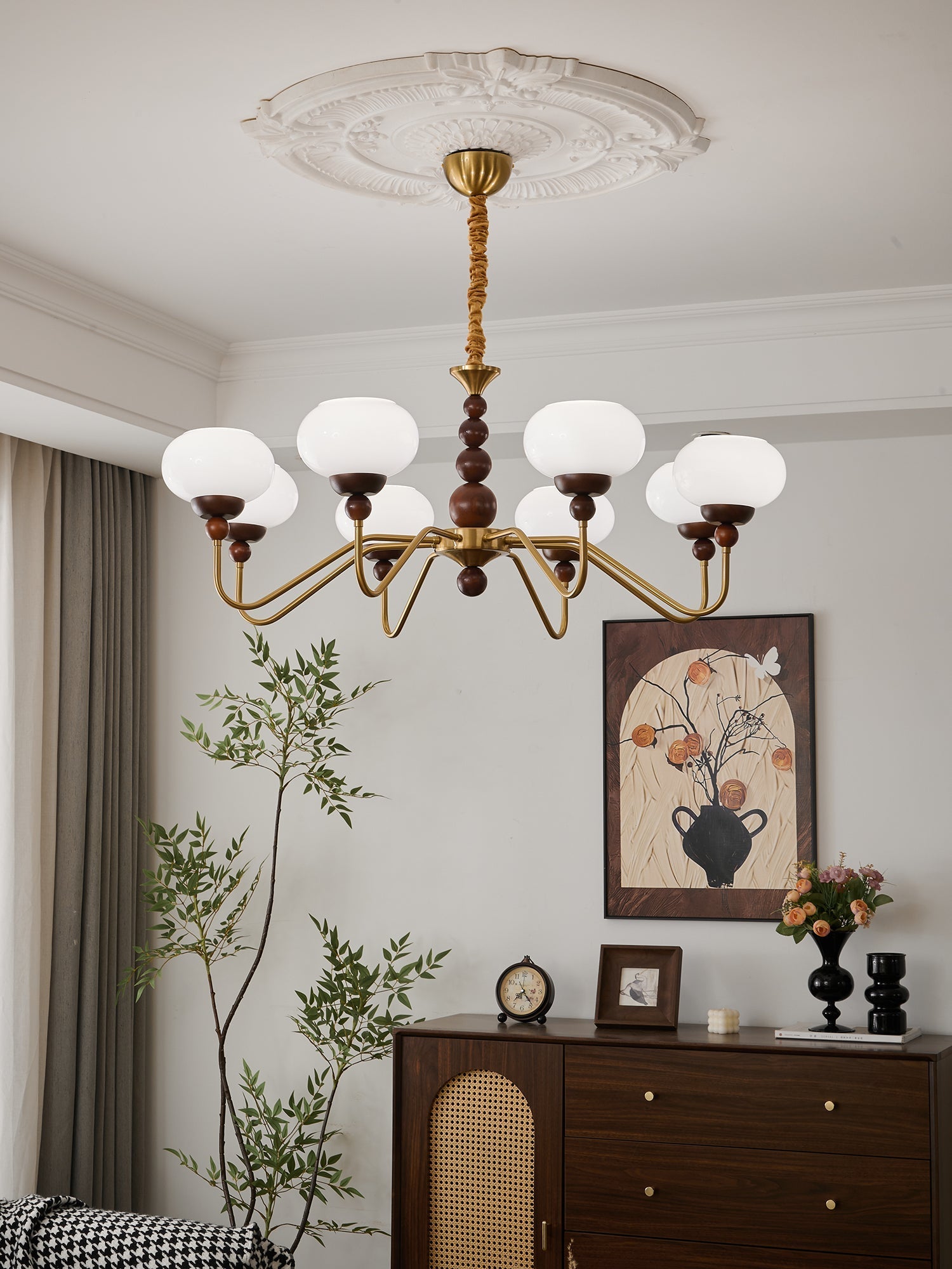 Eamver Chandelier Glass Wood Brass Modern 6-Light-Neutral Decor