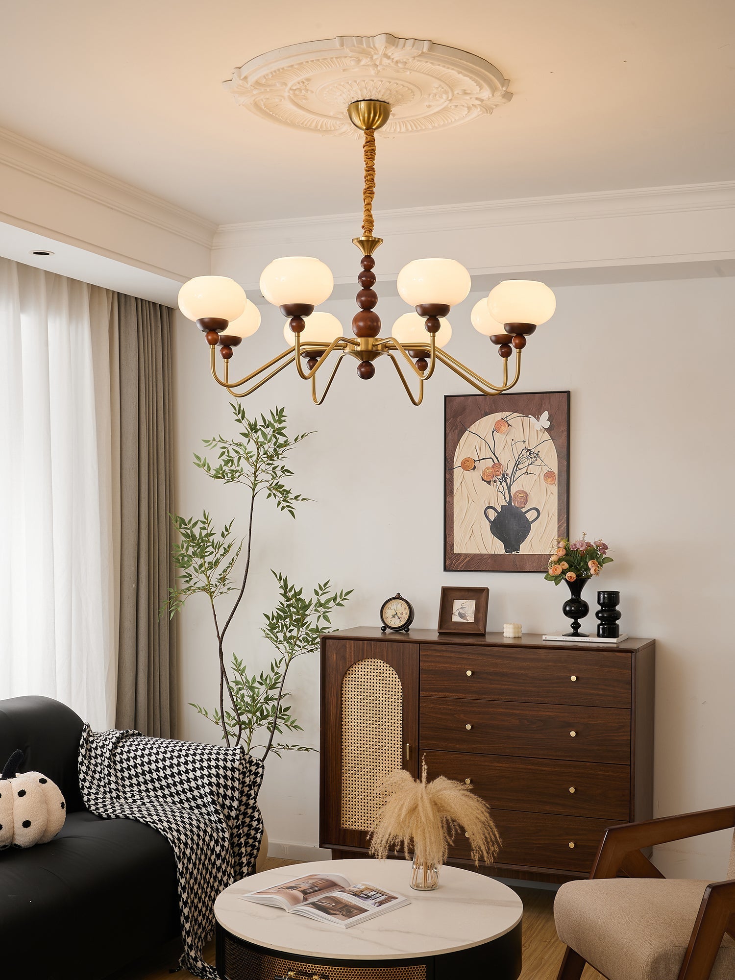 Eamver Chandelier Glass Wood Brass Modern 6-Light-Neutral Decor