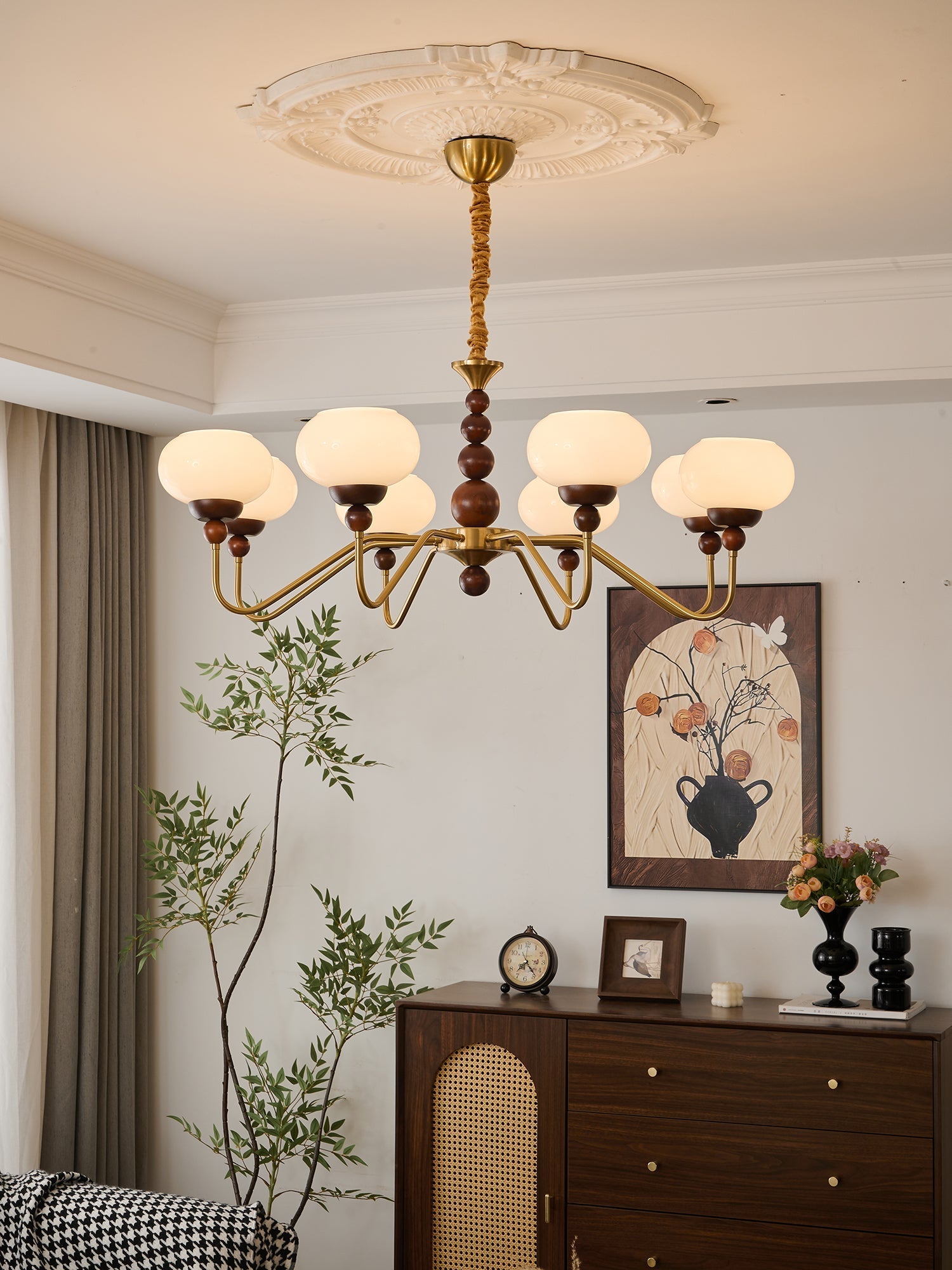 Eamver Chandelier Glass Wood Brass Modern 6-Light-Neutral Decor
