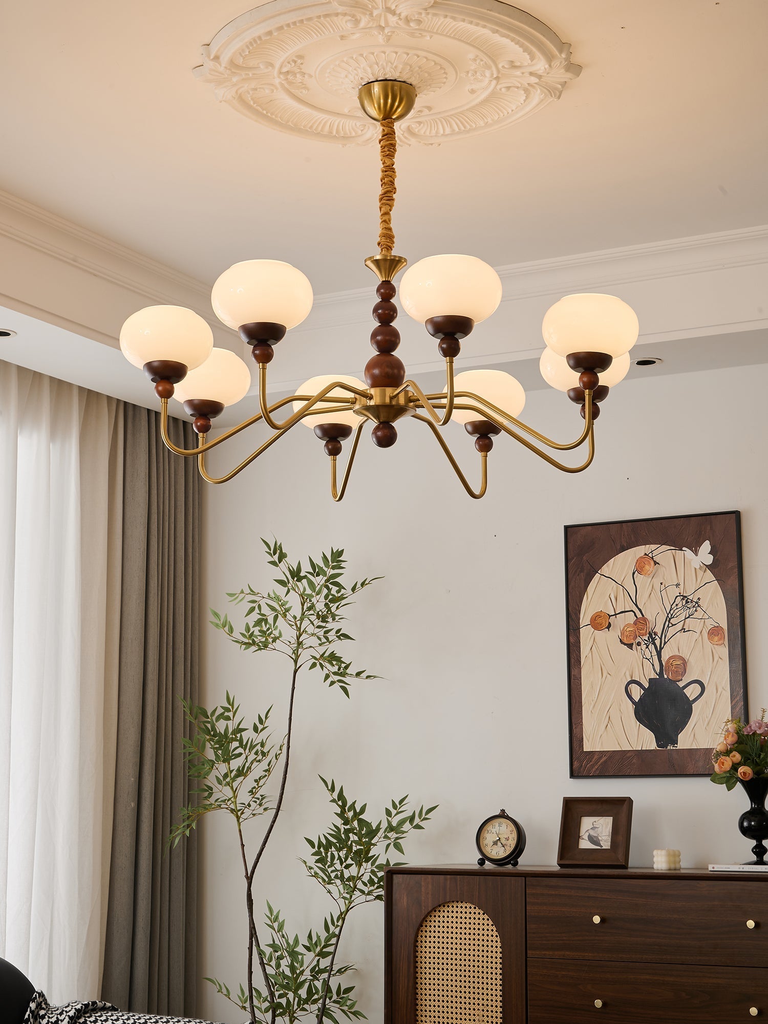 Eamver Chandelier Glass Wood Brass Modern 6-Light-Neutral Decor