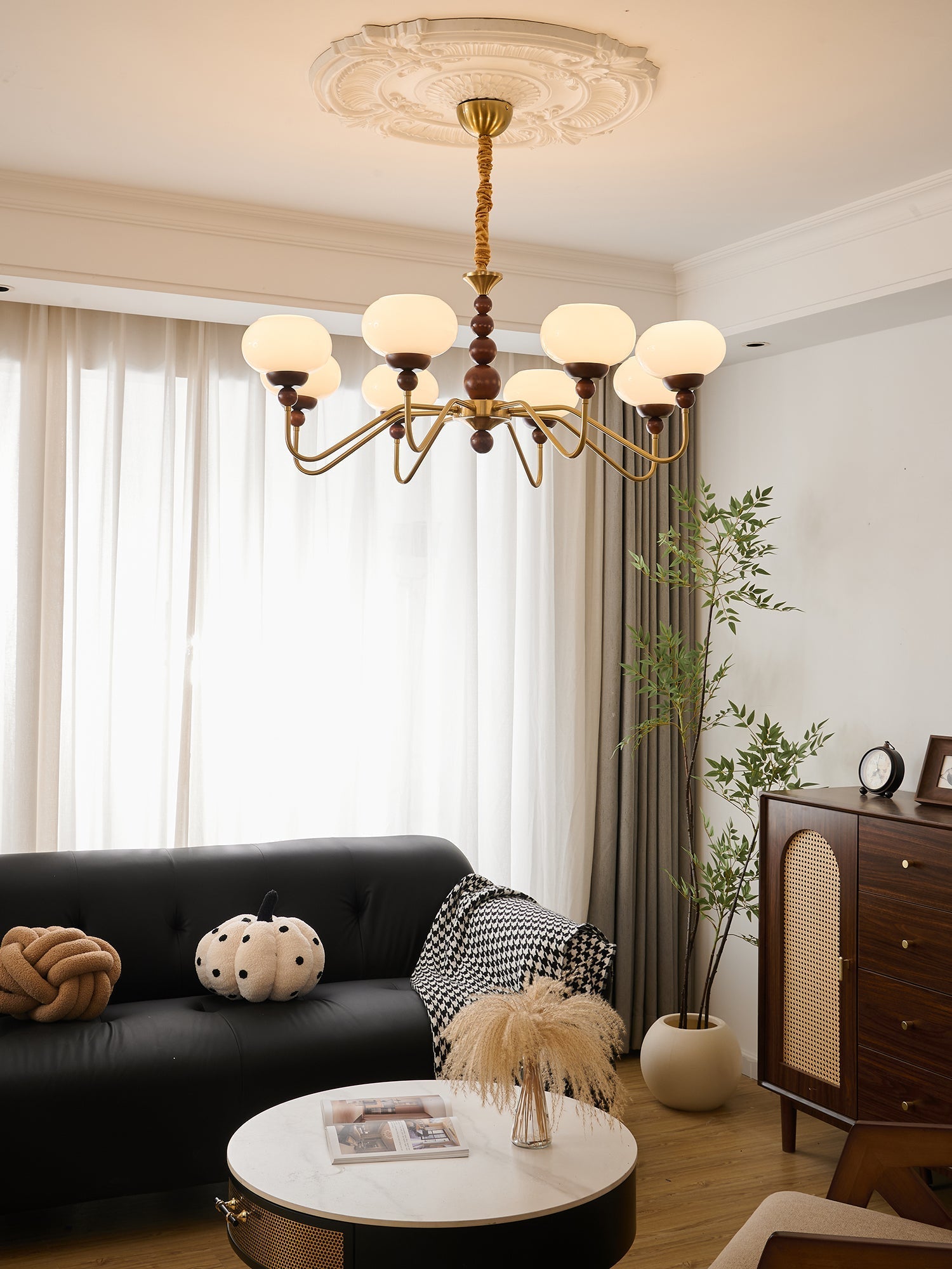 Eamver Chandelier Glass Wood Brass Modern 6-Light-Neutral Decor