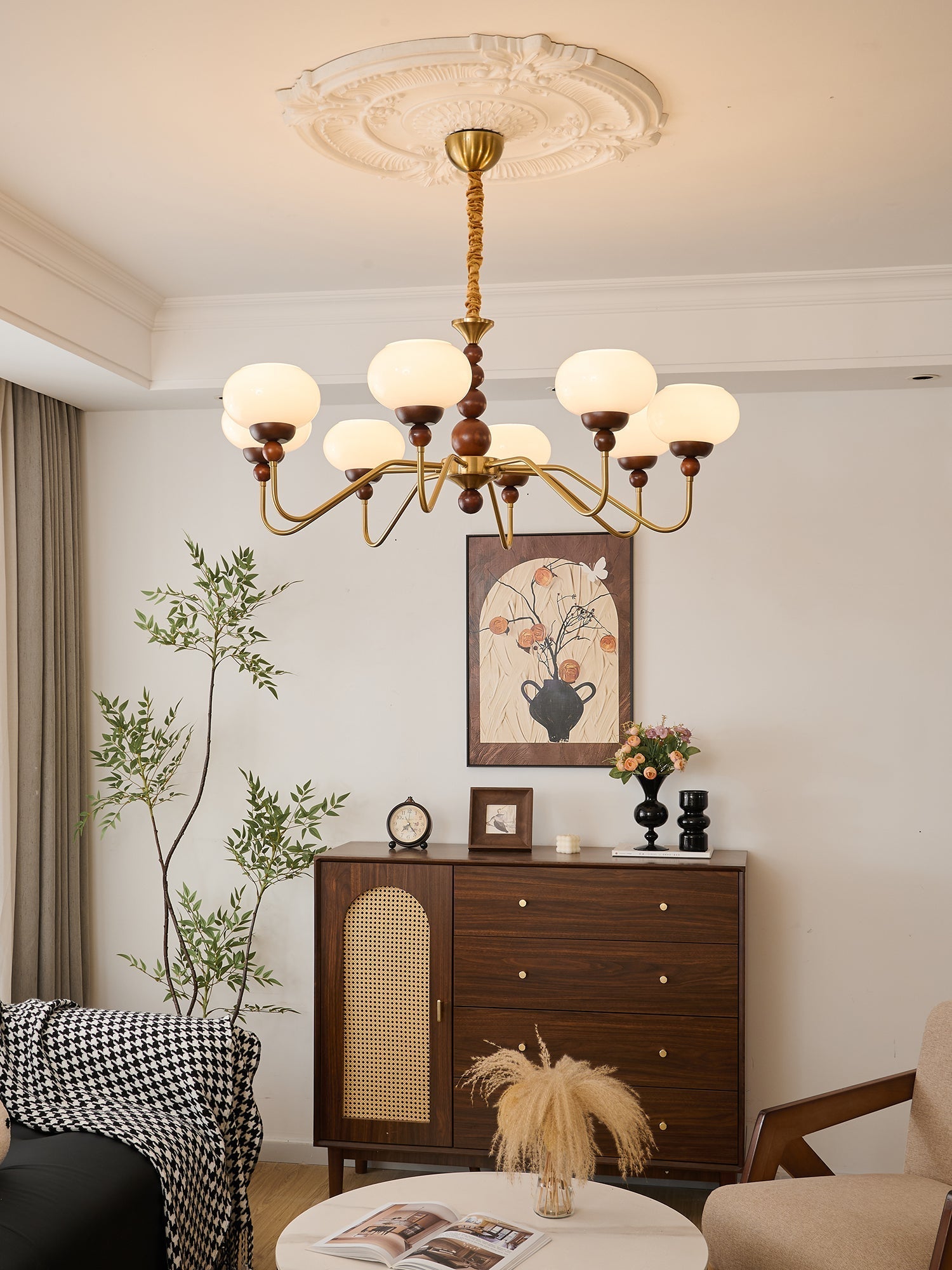 Eamver Chandelier Glass Wood Brass Modern 6-Light-Neutral Decor