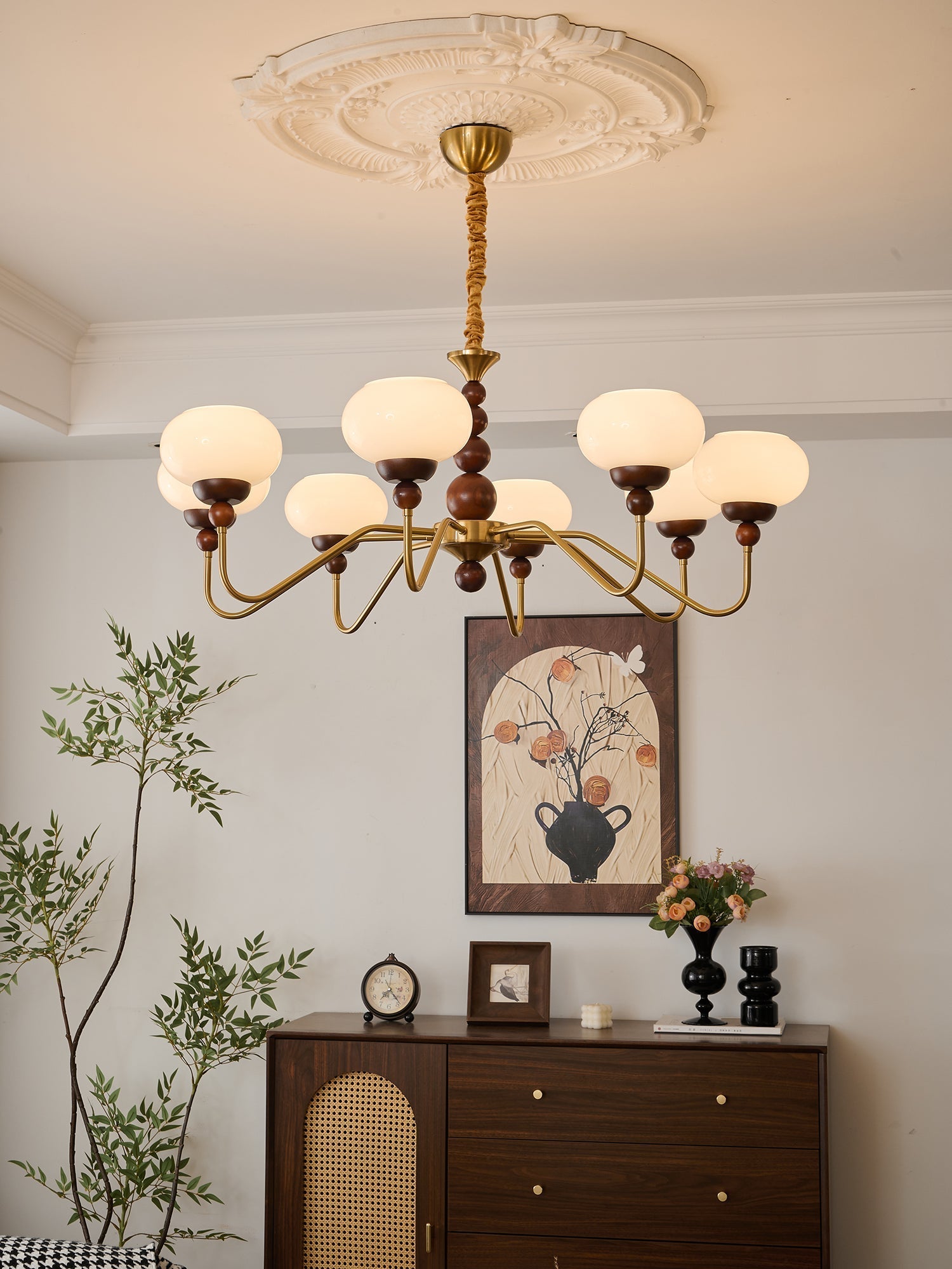 Eamver Chandelier Glass Wood Brass Modern 6-Light-Neutral Decor