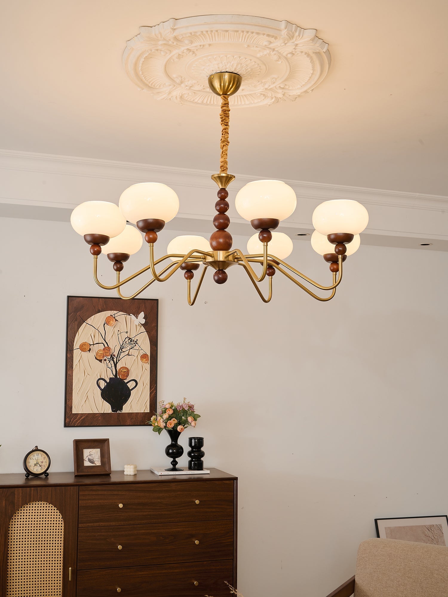 Eamver Chandelier Glass Wood Brass Modern 6-Light-Neutral Decor
