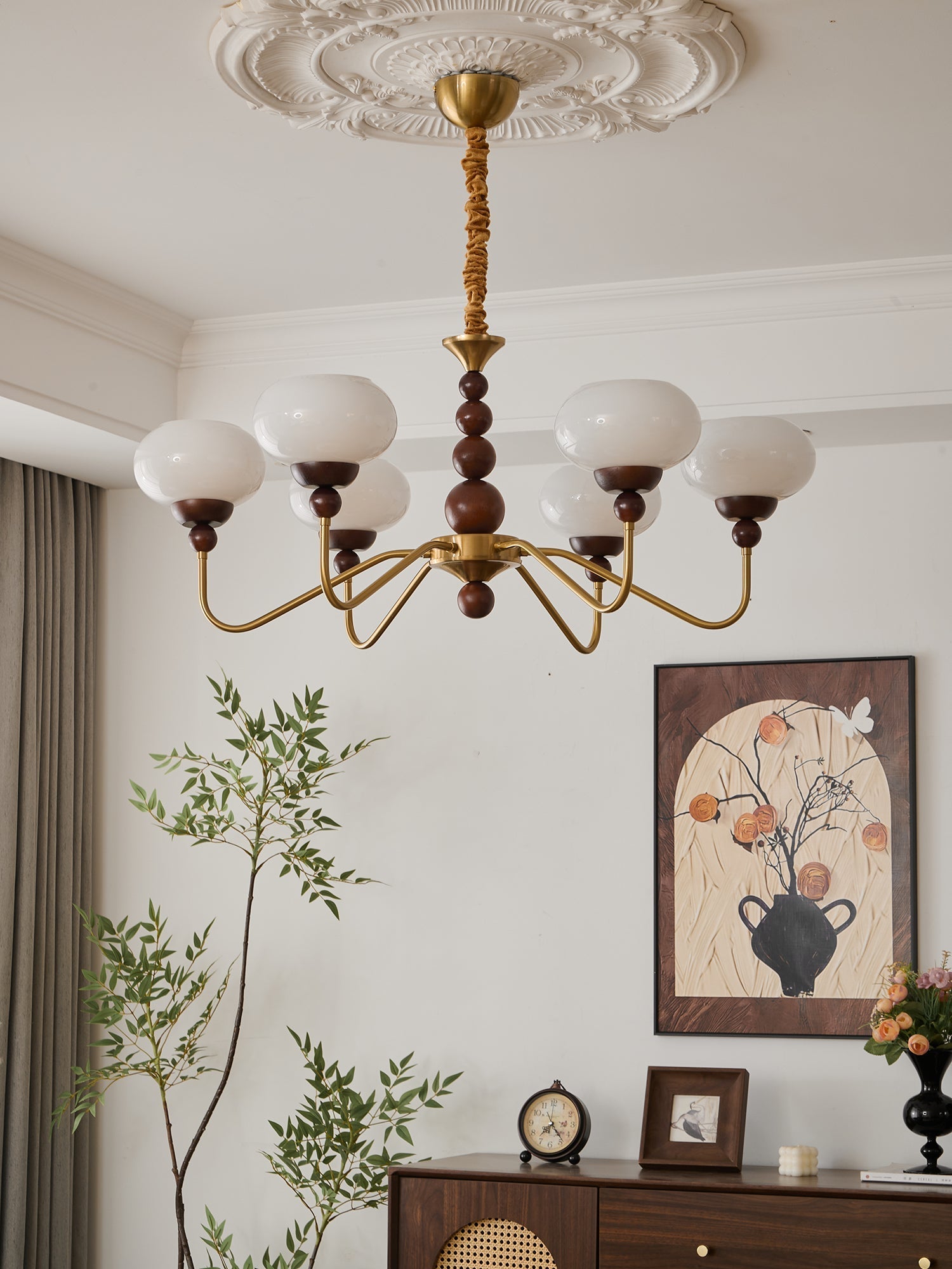 Eamver Chandelier Glass Wood Brass Modern 6-Light-Neutral Decor