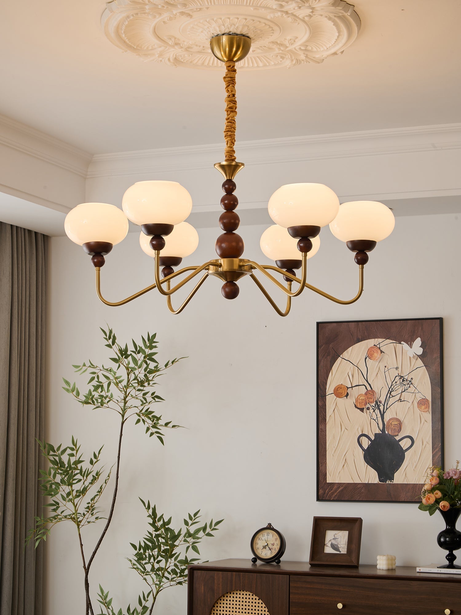 Eamver Chandelier Glass Wood Brass Modern 6-Light-Neutral Decor