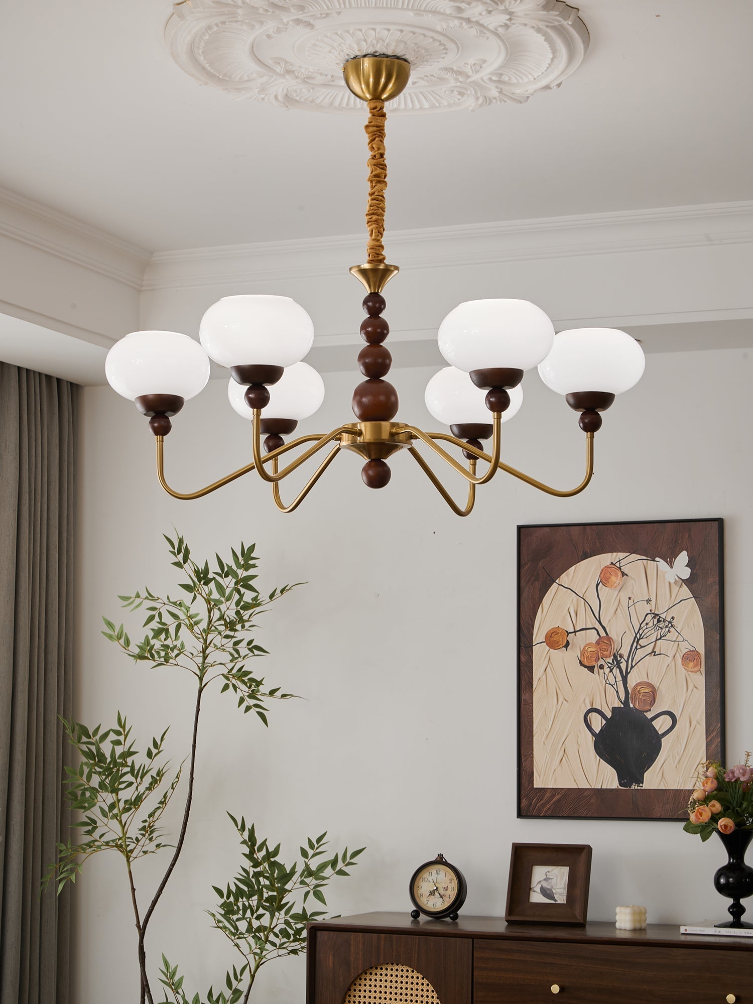 Eamver Chandelier Glass Wood Brass Modern 6-Light-Neutral Decor