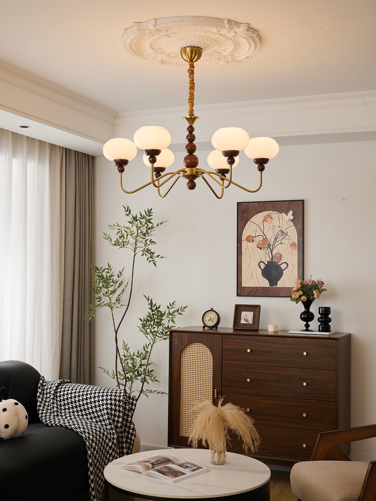 Eamver Chandelier Glass Wood Brass Modern 6-Light-Neutral Decor