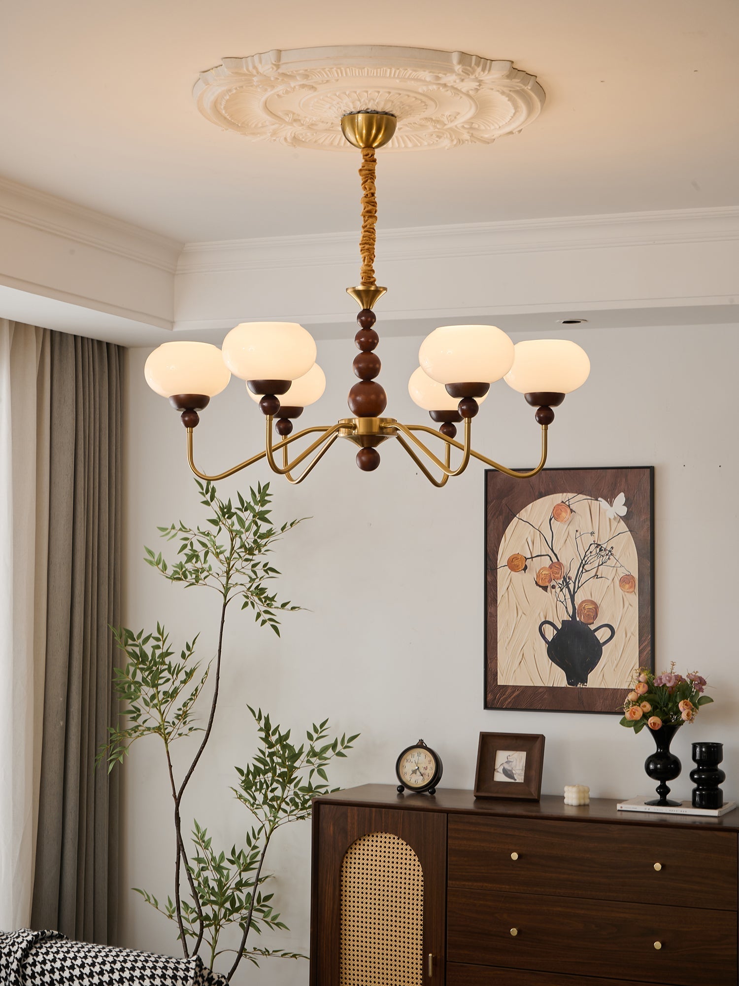Eamver Chandelier Glass Wood Brass Modern 6-Light-Neutral Decor