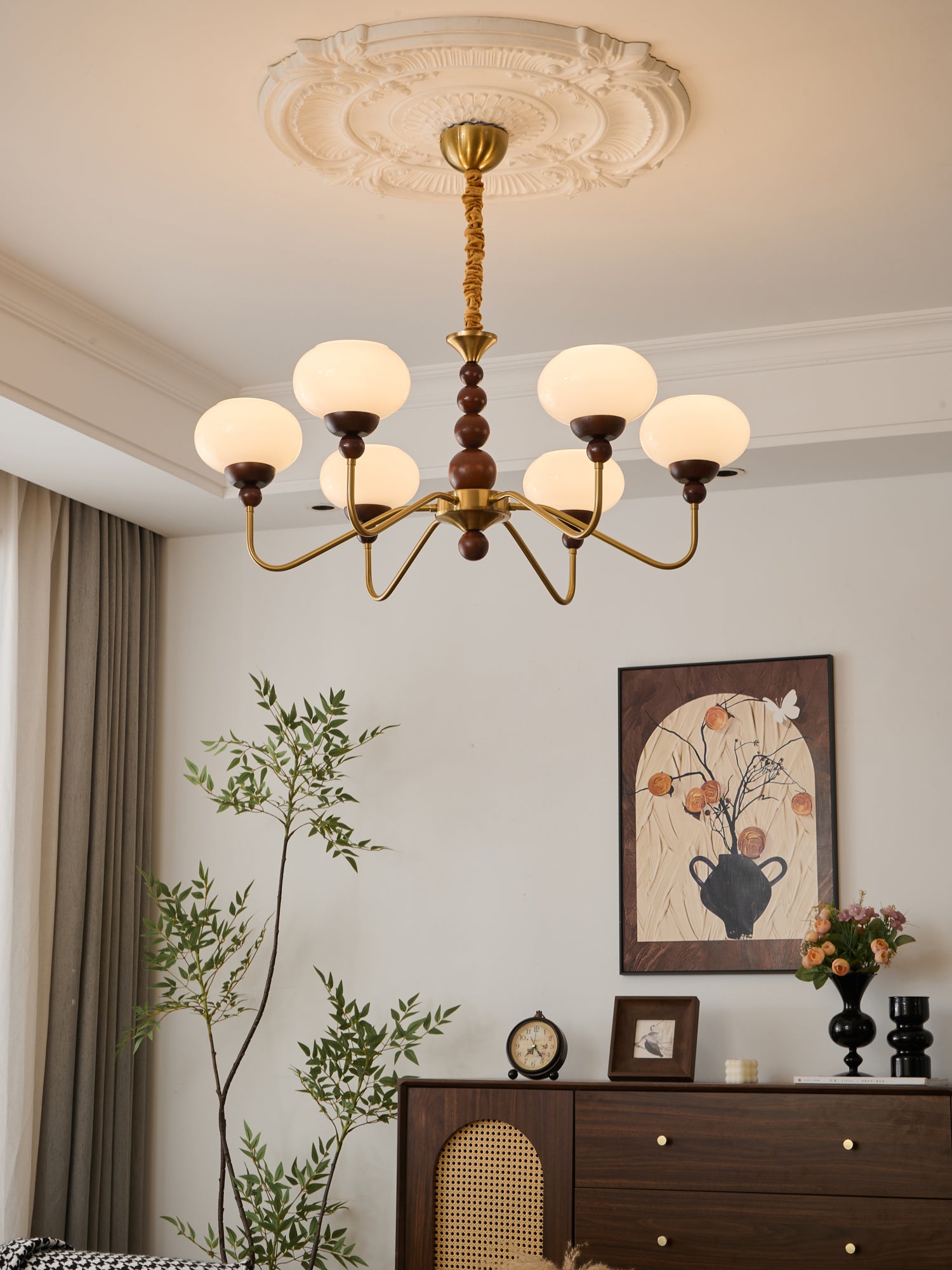 Eamver Chandelier Glass Wood Brass Modern 6-Light-Neutral Decor