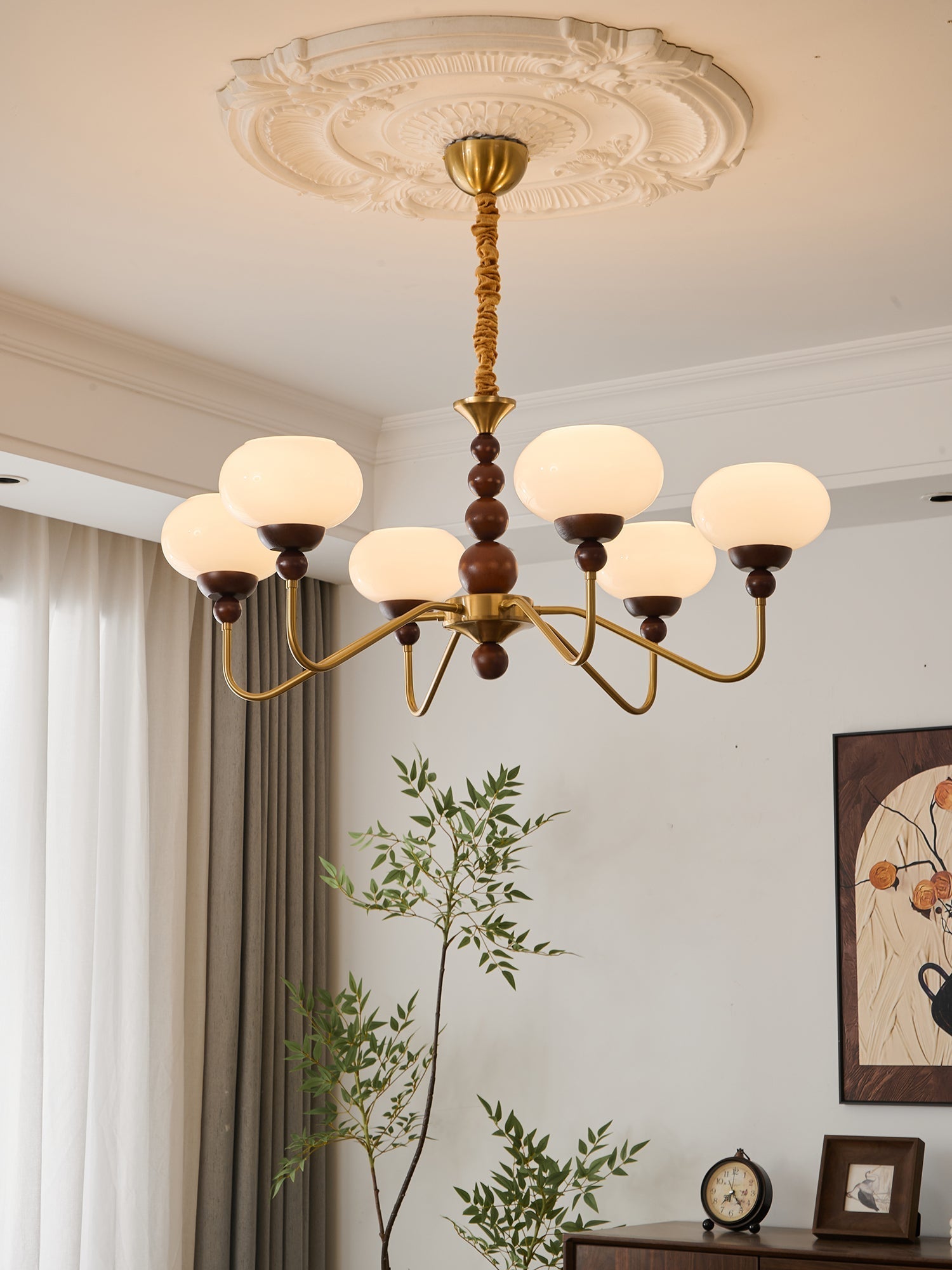 Eamver Chandelier Glass Wood Brass Modern 6-Light-Neutral Decor