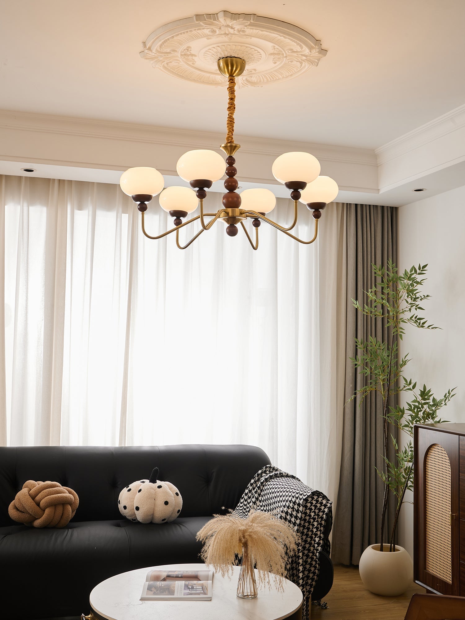Eamver Chandelier Glass Wood Brass Modern 6-Light-Neutral Decor