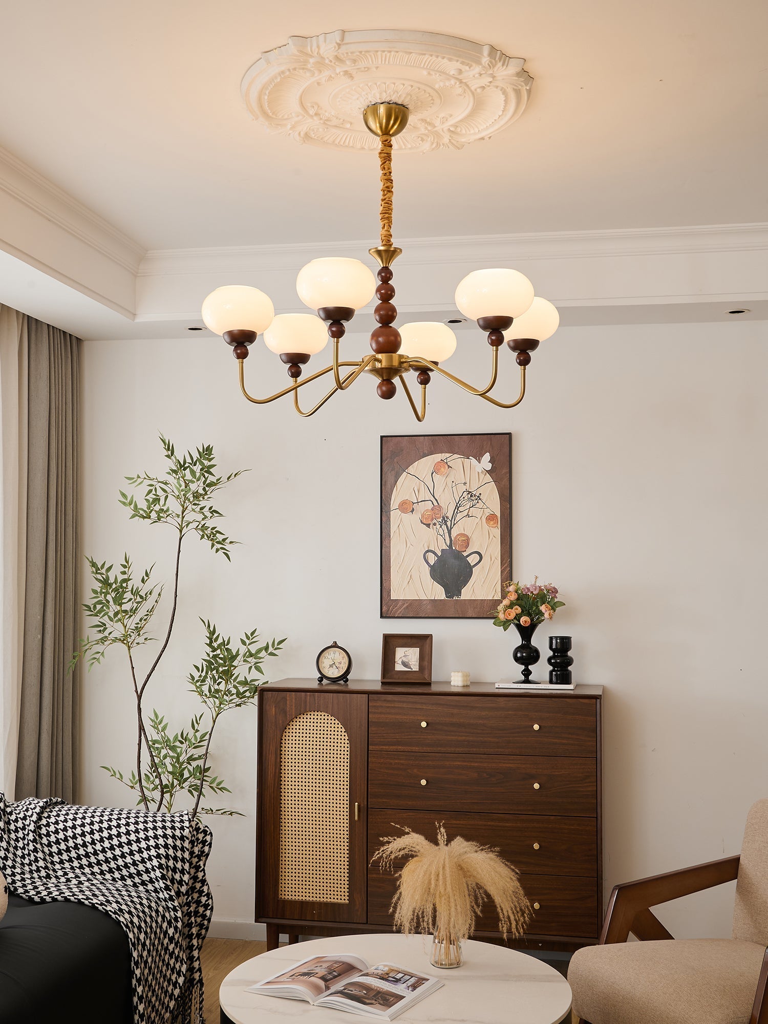 Eamver Chandelier Glass Wood Brass Modern 6-Light-Neutral Decor