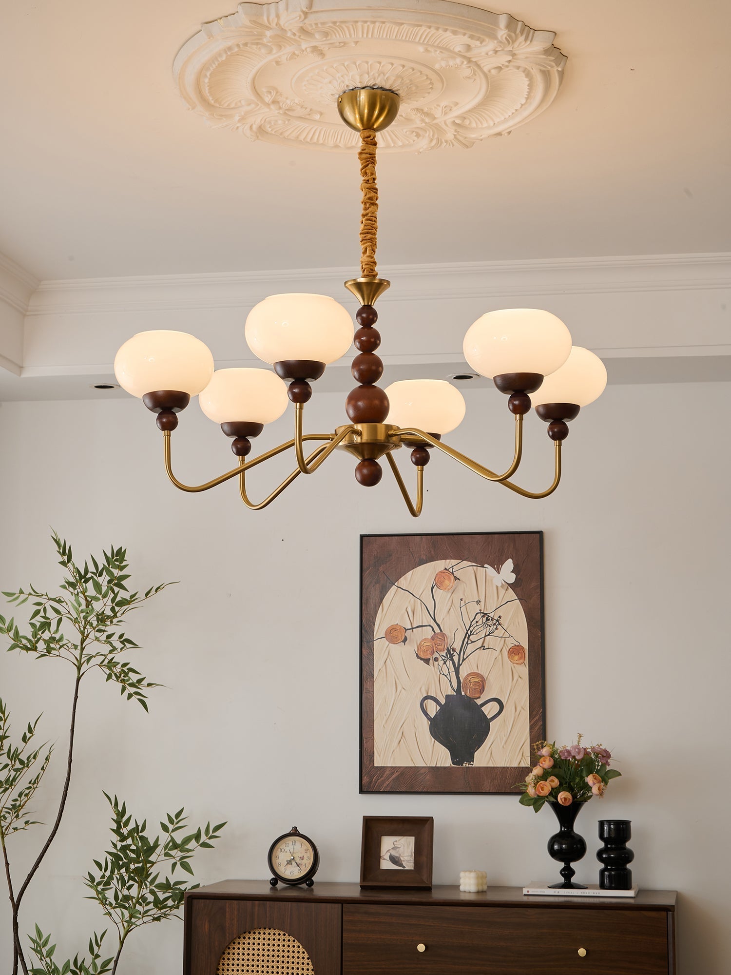 Eamver Chandelier Glass Wood Brass Modern 6-Light-Neutral Decor
