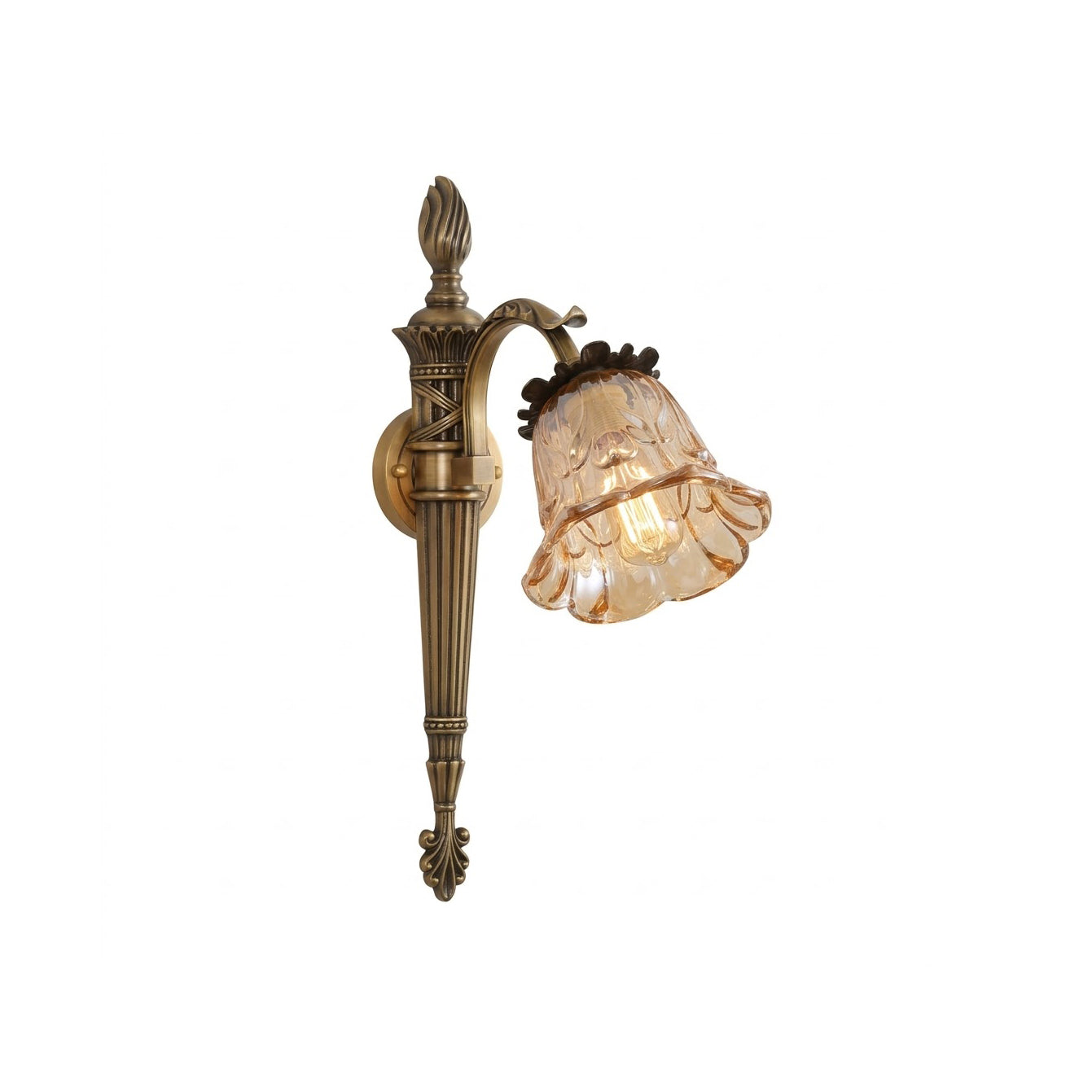 Benson Wall Lamp with antiqued brass arm and fluted amber glass shade.