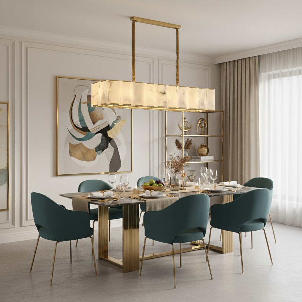 The Bernardi chandelier hanging above a dining table, showcasing its linear design.