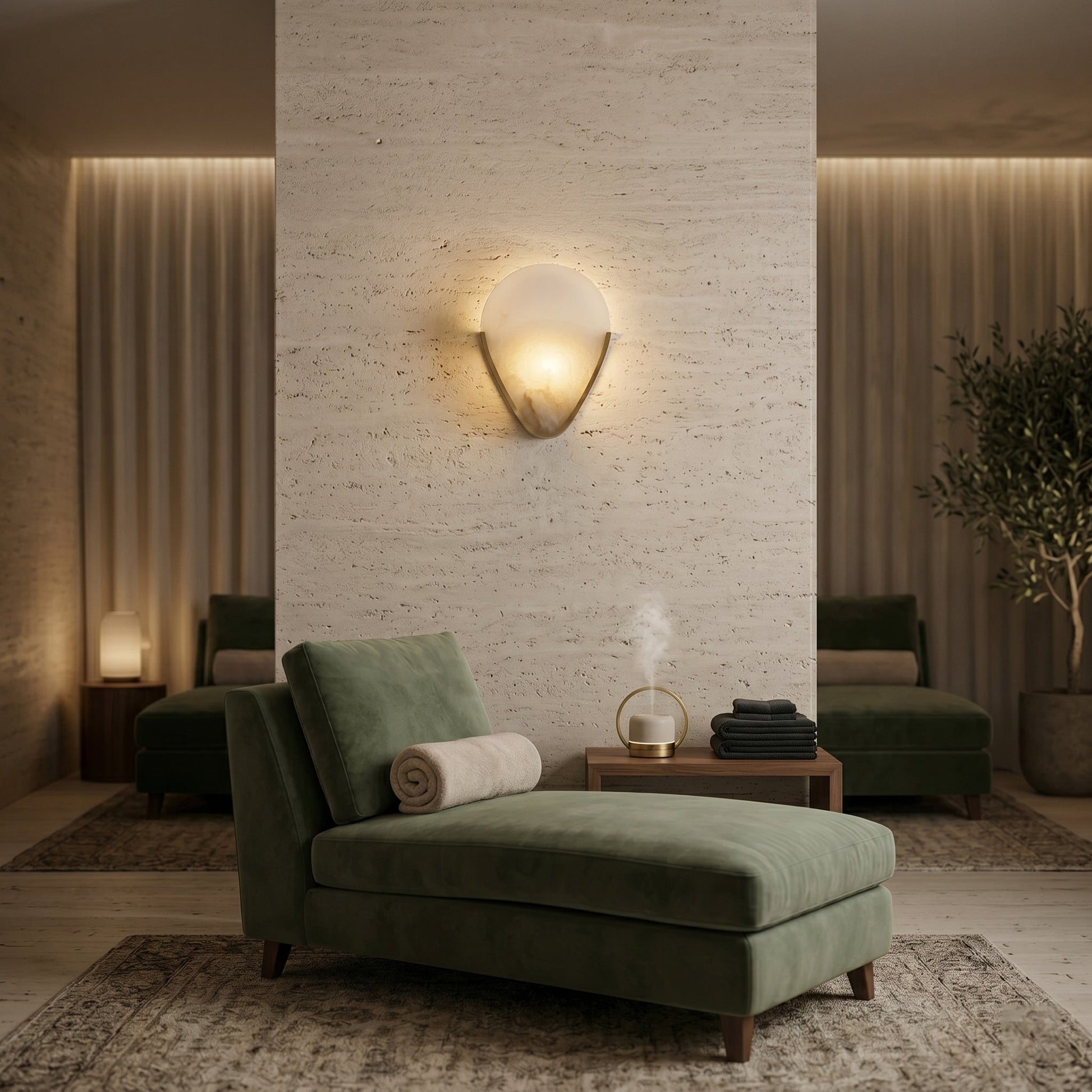 The wall lamp viewed from a side angle, highlighting its depth.