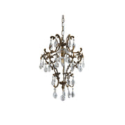 Antique brass birdcage pendant light with crystal drops.