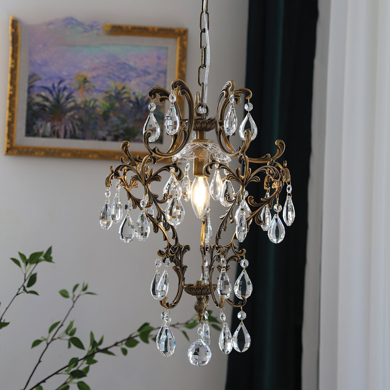 Another angle of the illuminated bronze pendant light.
