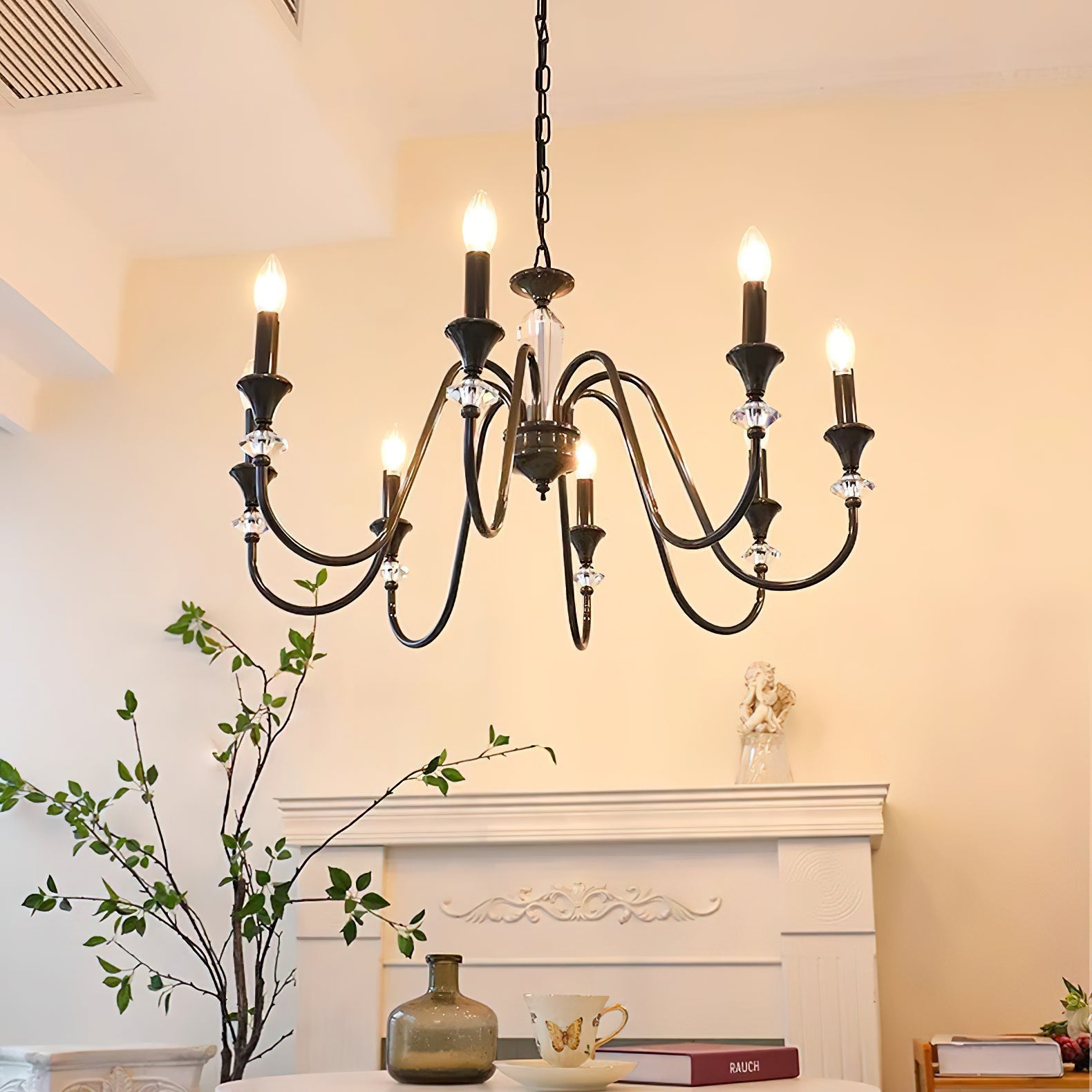 Elston Chandelier Black & Crystal Candelabra-Neutral Decor