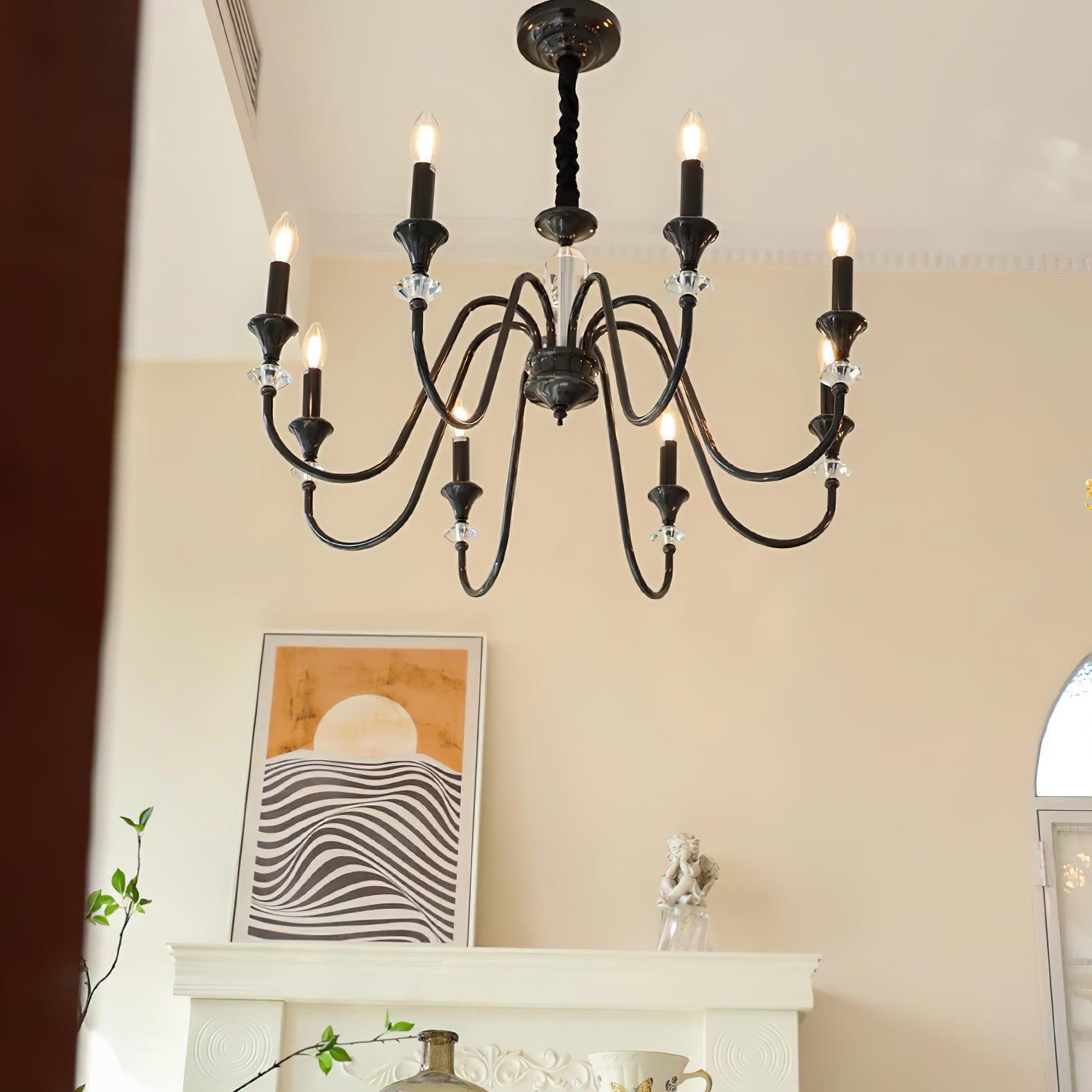Elston Chandelier Black & Crystal Candelabra-Neutral Decor