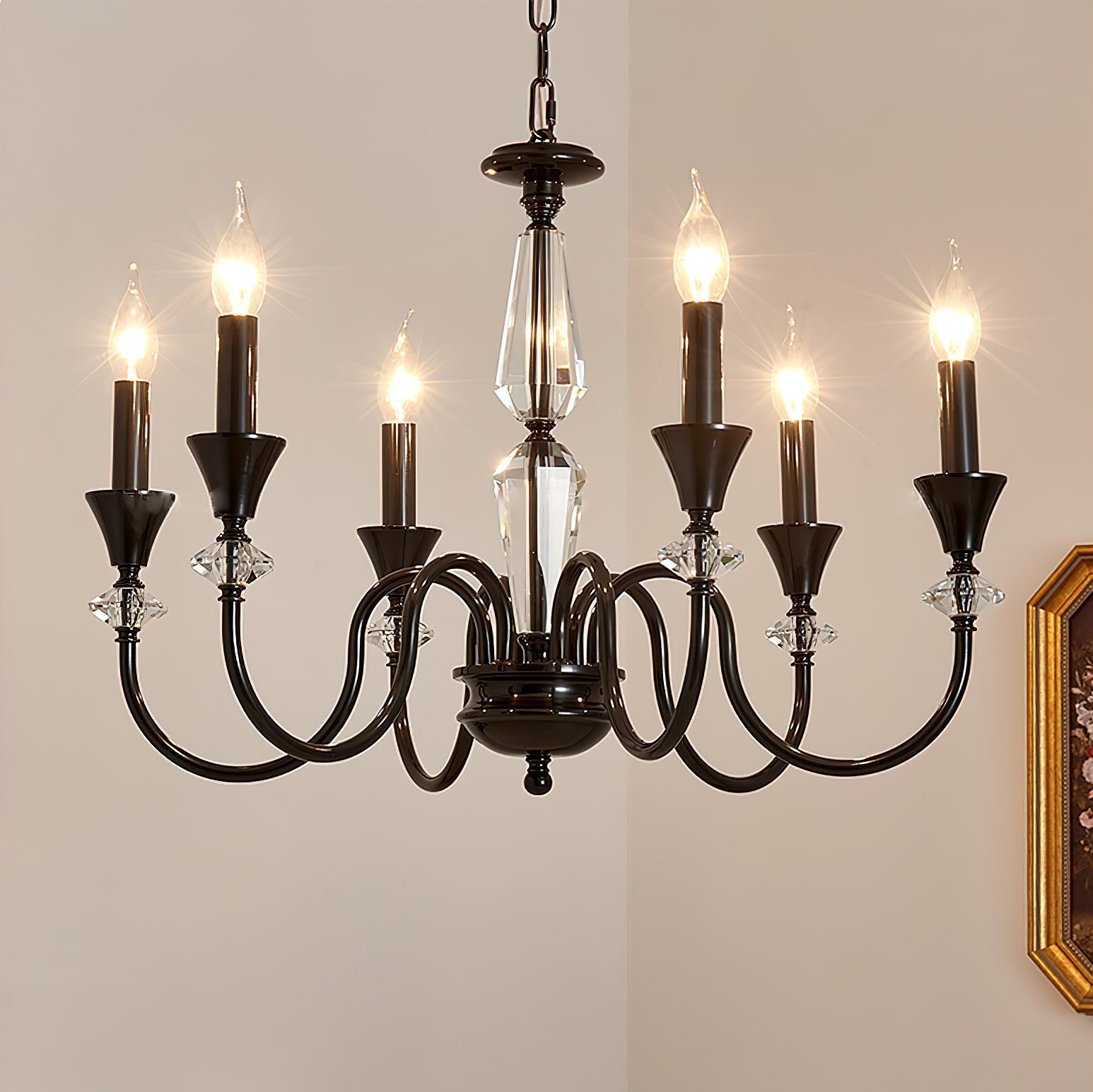 Elston Chandelier Black & Crystal Candelabra-Neutral Decor