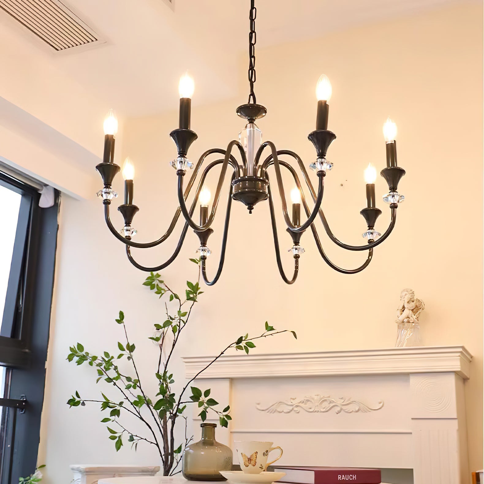 Elston Chandelier Black & Crystal Candelabra-Neutral Decor