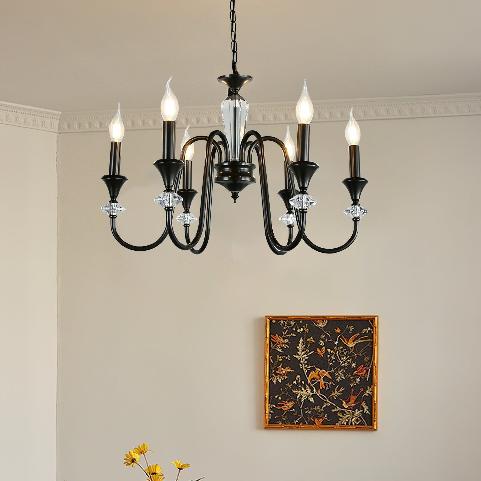 Elston Chandelier Black & Crystal Candelabra-Neutral Decor