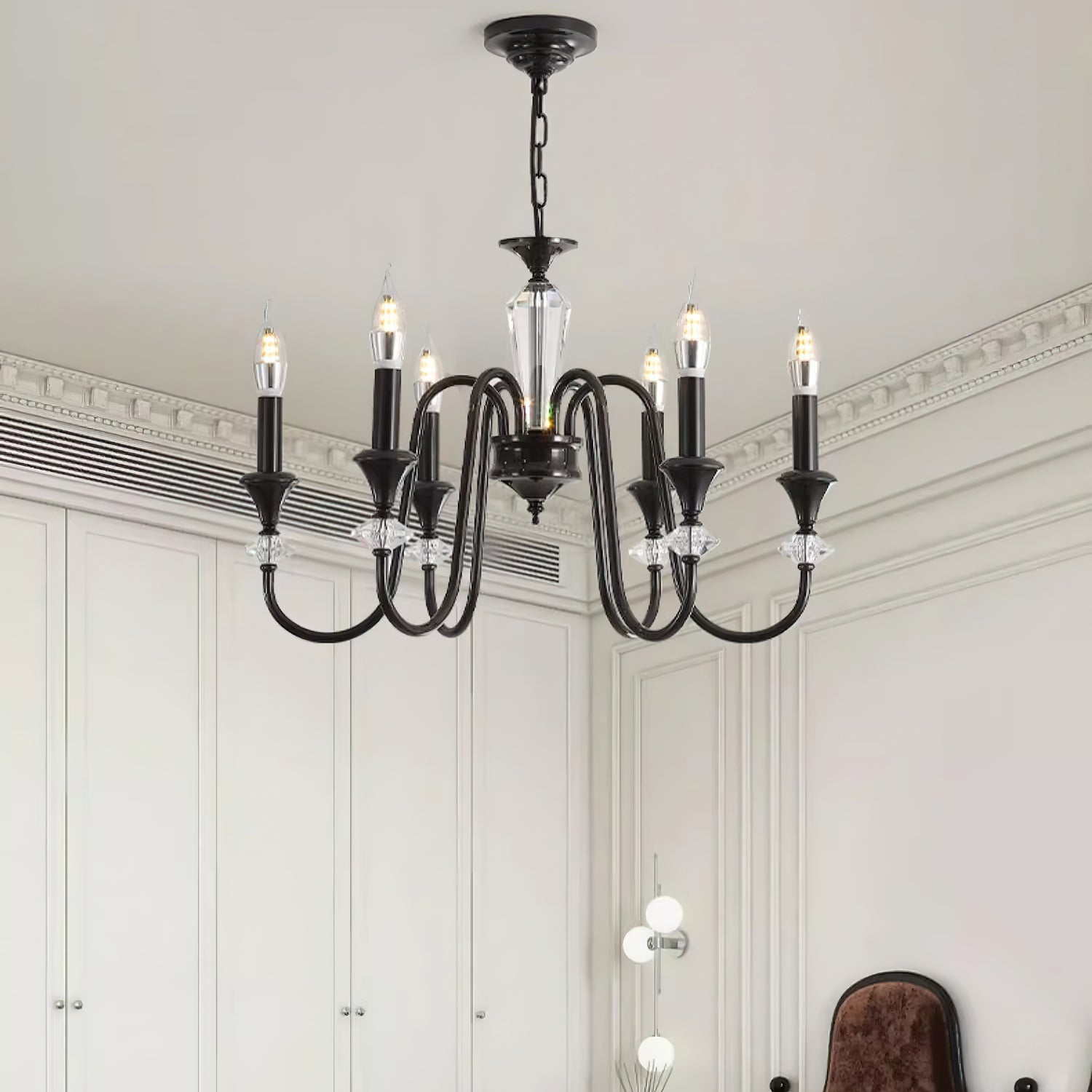 Elston Chandelier Black & Crystal Candelabra-Neutral Decor