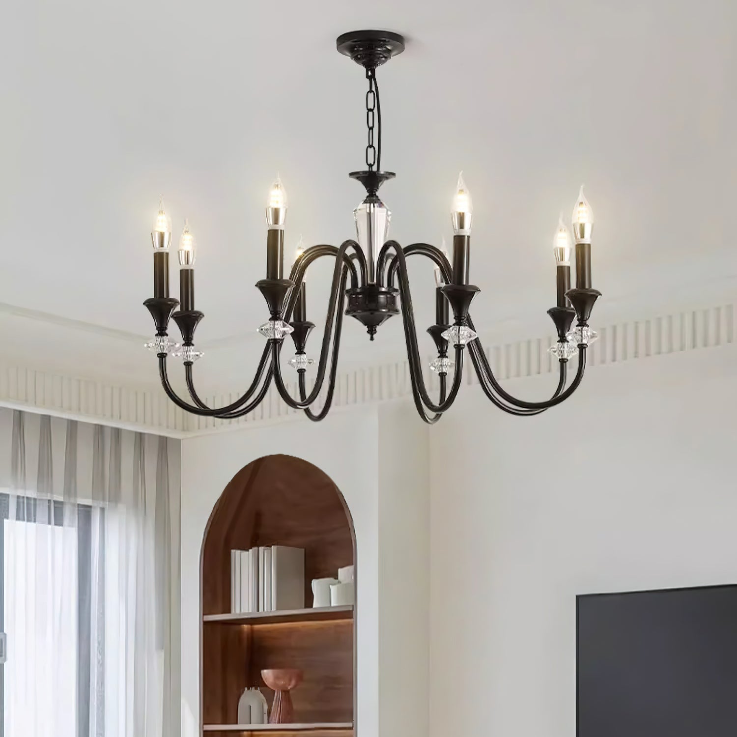 Elston Chandelier Black & Crystal Candelabra-Neutral Decor