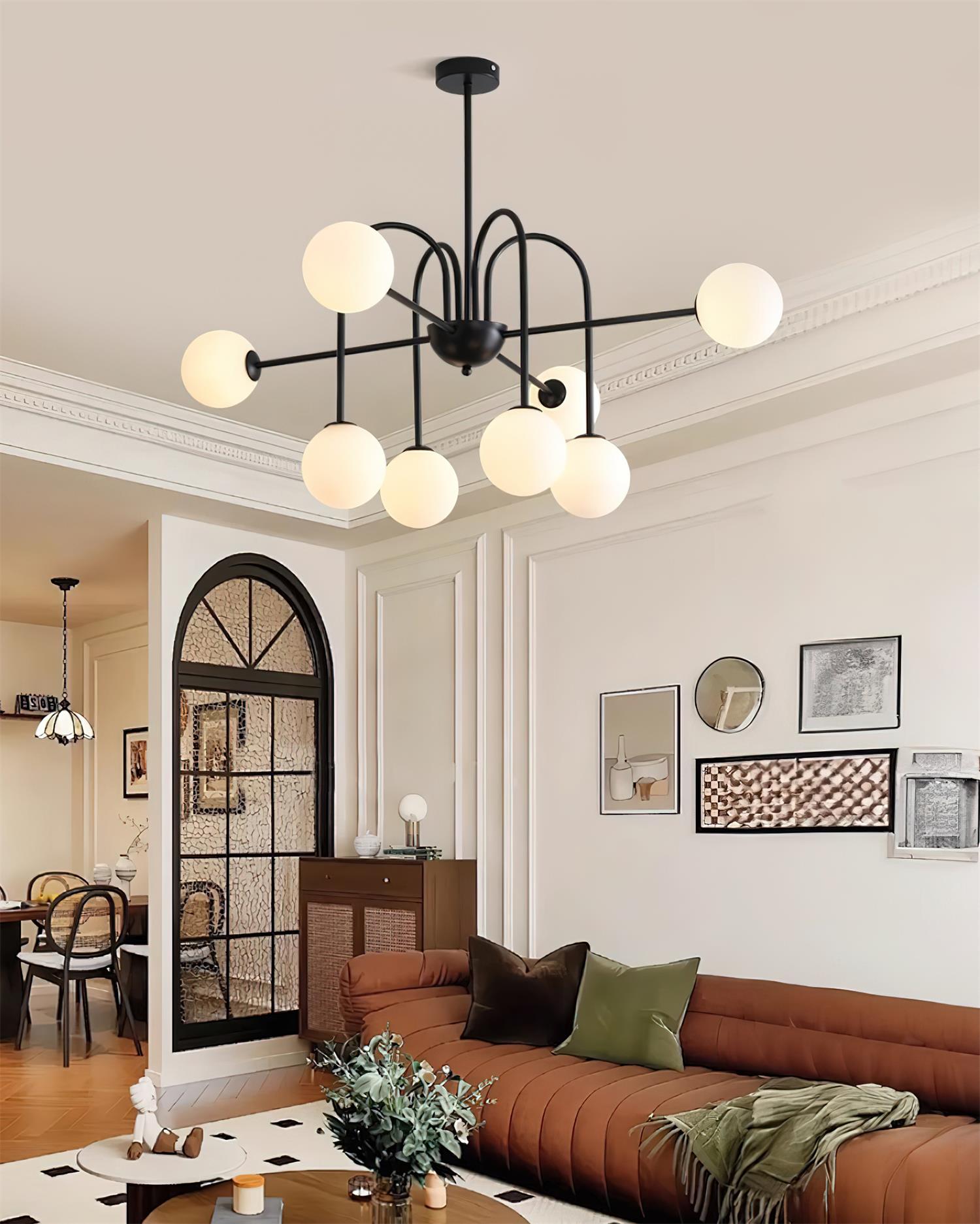 Chandelier Black Metal Arches Glass Globes Minimalist