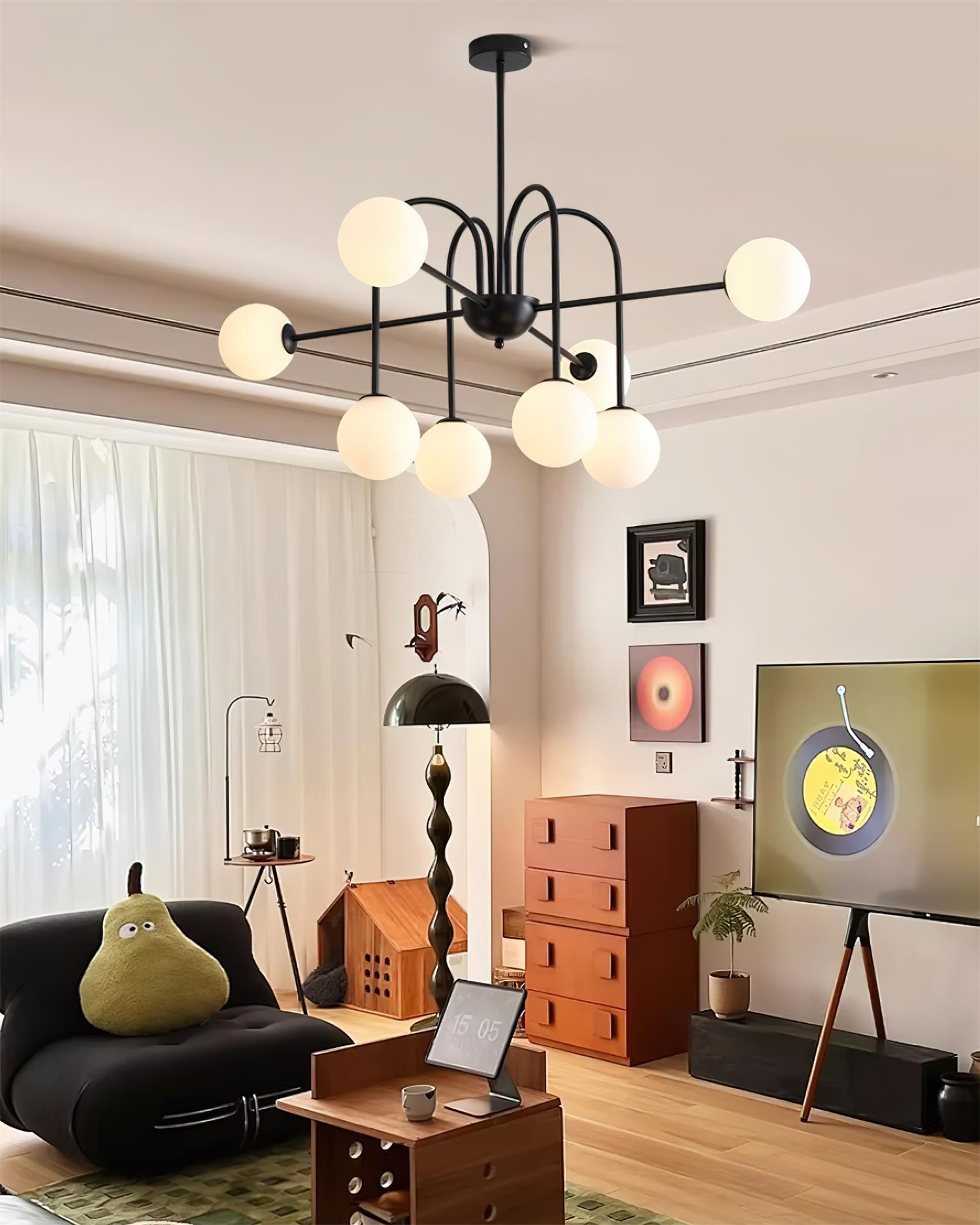 Chandelier Black Metal Arches Glass Globes Minimalist