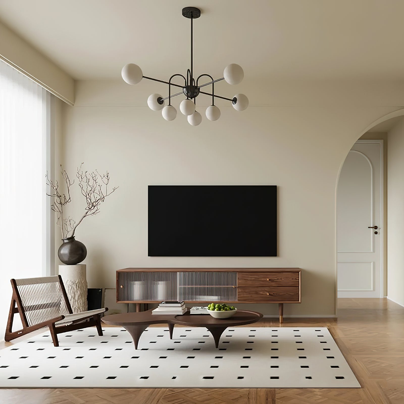 Chandelier Black Metal Arches Glass Globes Minimalist