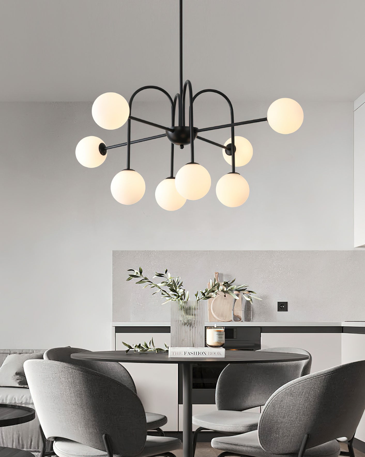 Chandelier Black Metal Arches Glass Globes Minimalist