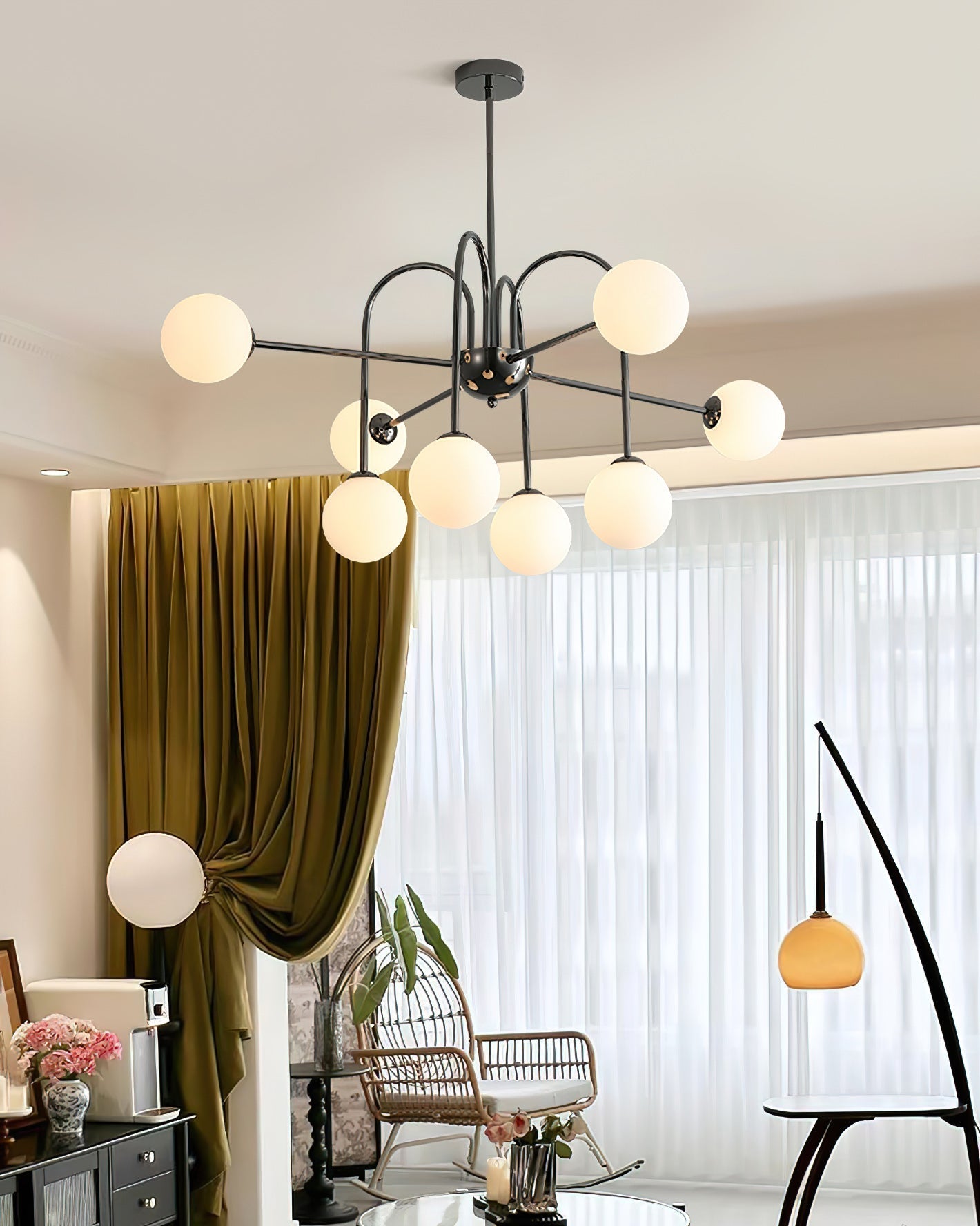 Chandelier Black Metal Arches Glass Globes Minimalist