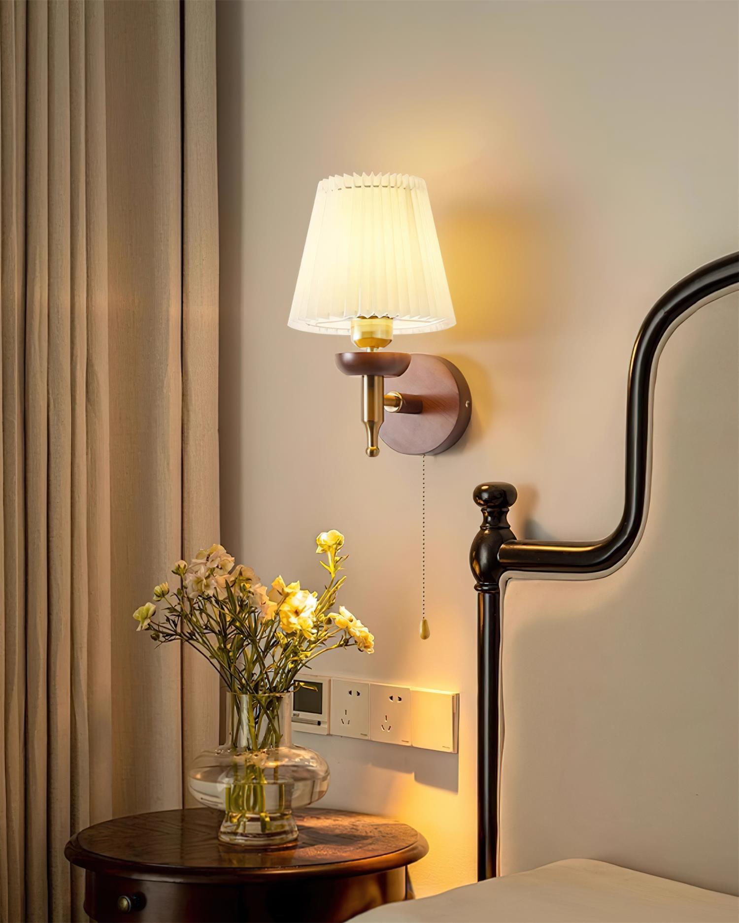 Wall Lamp Fabric Shade Modern Classic Gold Walnut Sconce Bedroom