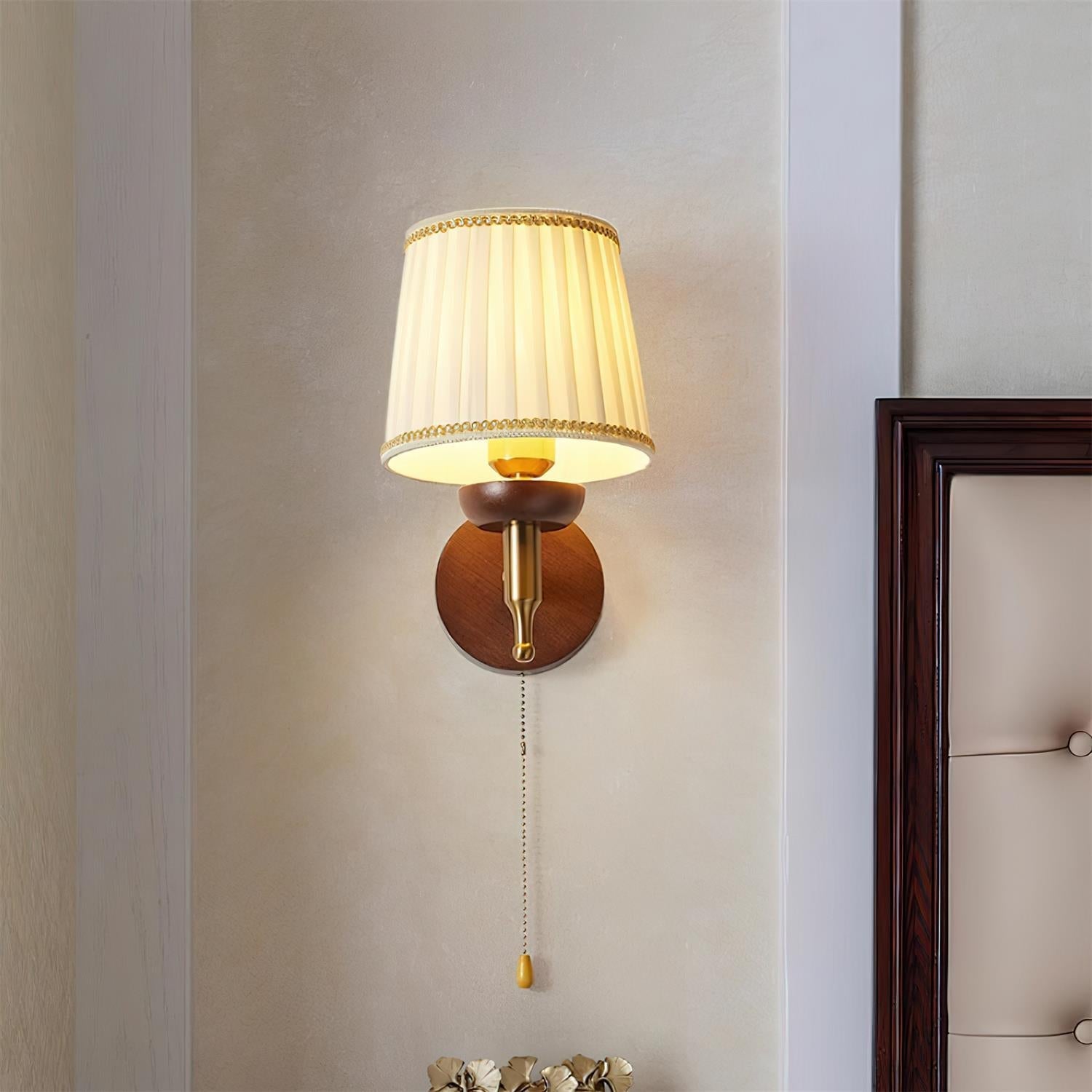 Wall Lamp Fabric Shade Modern Classic Gold Walnut Sconce Bedroom