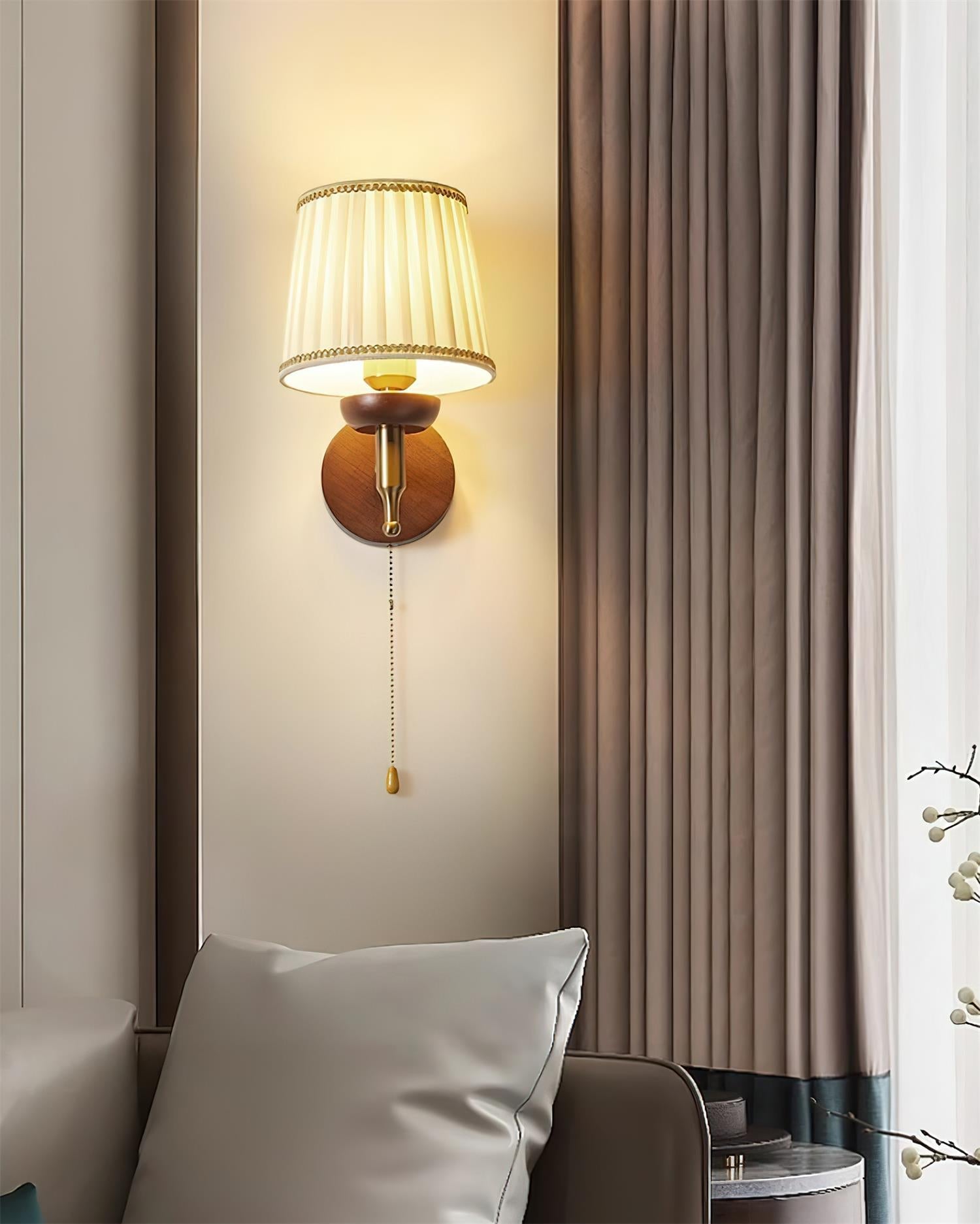 Wall Lamp Fabric Shade Modern Classic Gold Walnut Sconce Bedroom