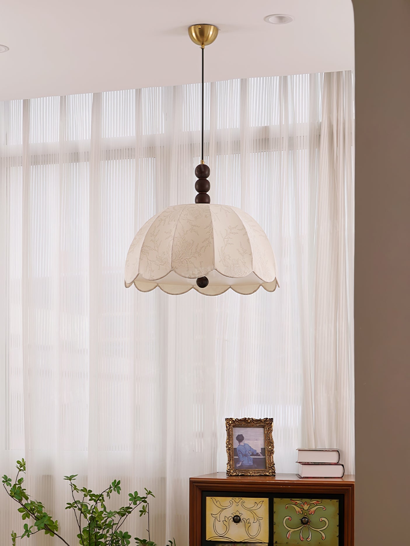 Syphaen Traditional Blossom Fabric Wood Pendant Light-Neutral Decor
