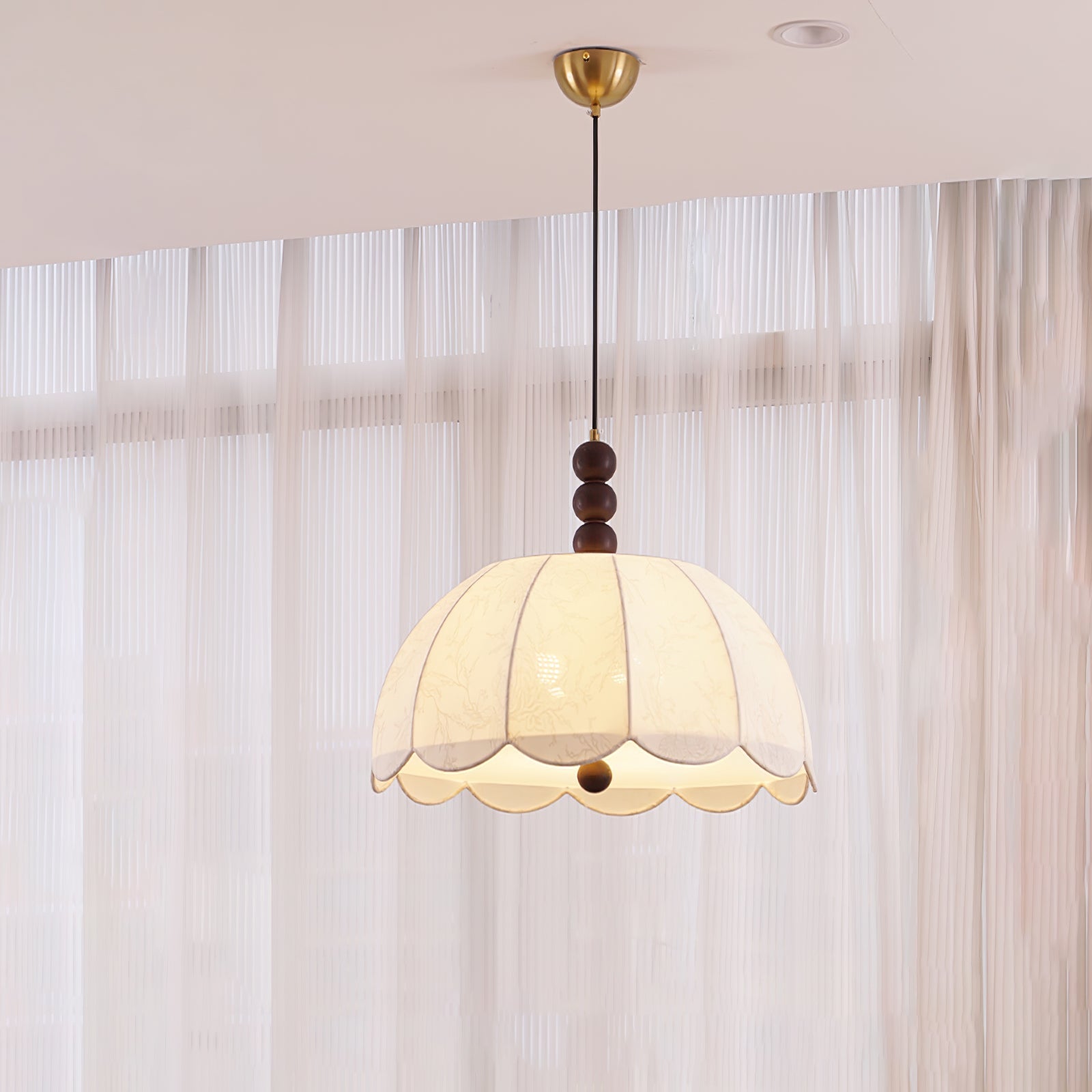Syphaen Traditional Blossom Fabric Wood Pendant Light-Neutral Decor