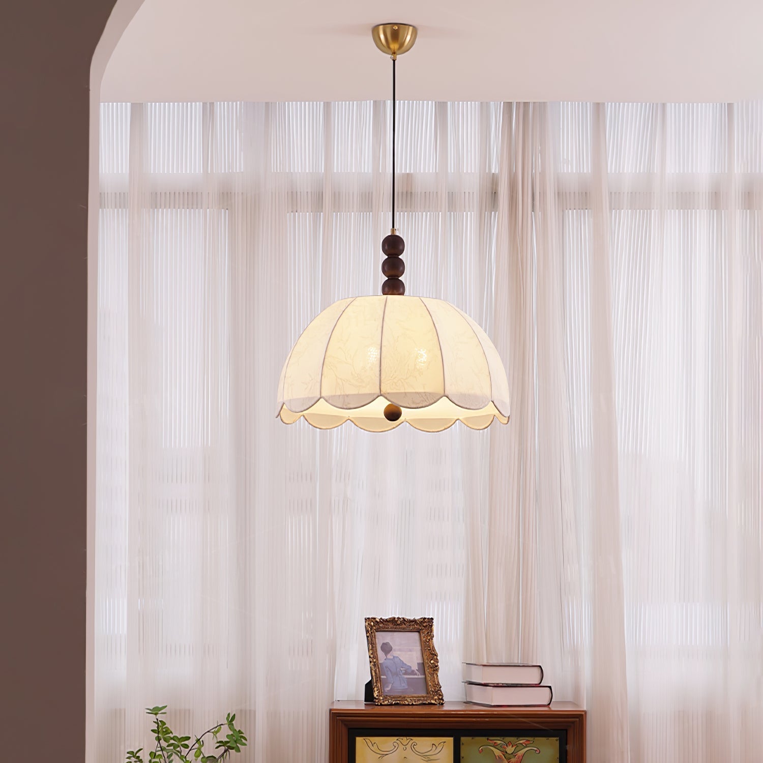 Syphaen Traditional Blossom Fabric Wood Pendant Light-Neutral Decor