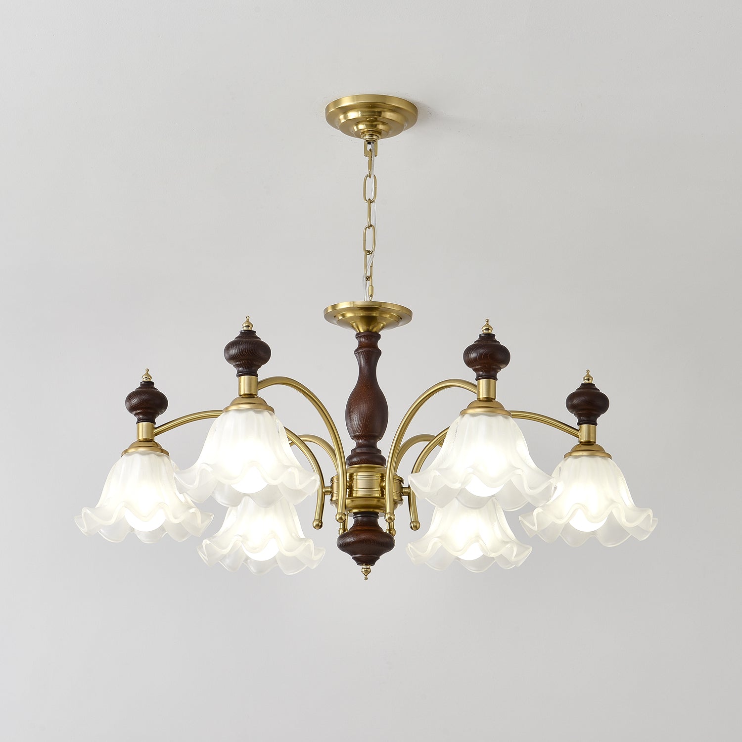 Jesolan Chandelier Wood & Brass Blossom Flowers-Neutral Decor